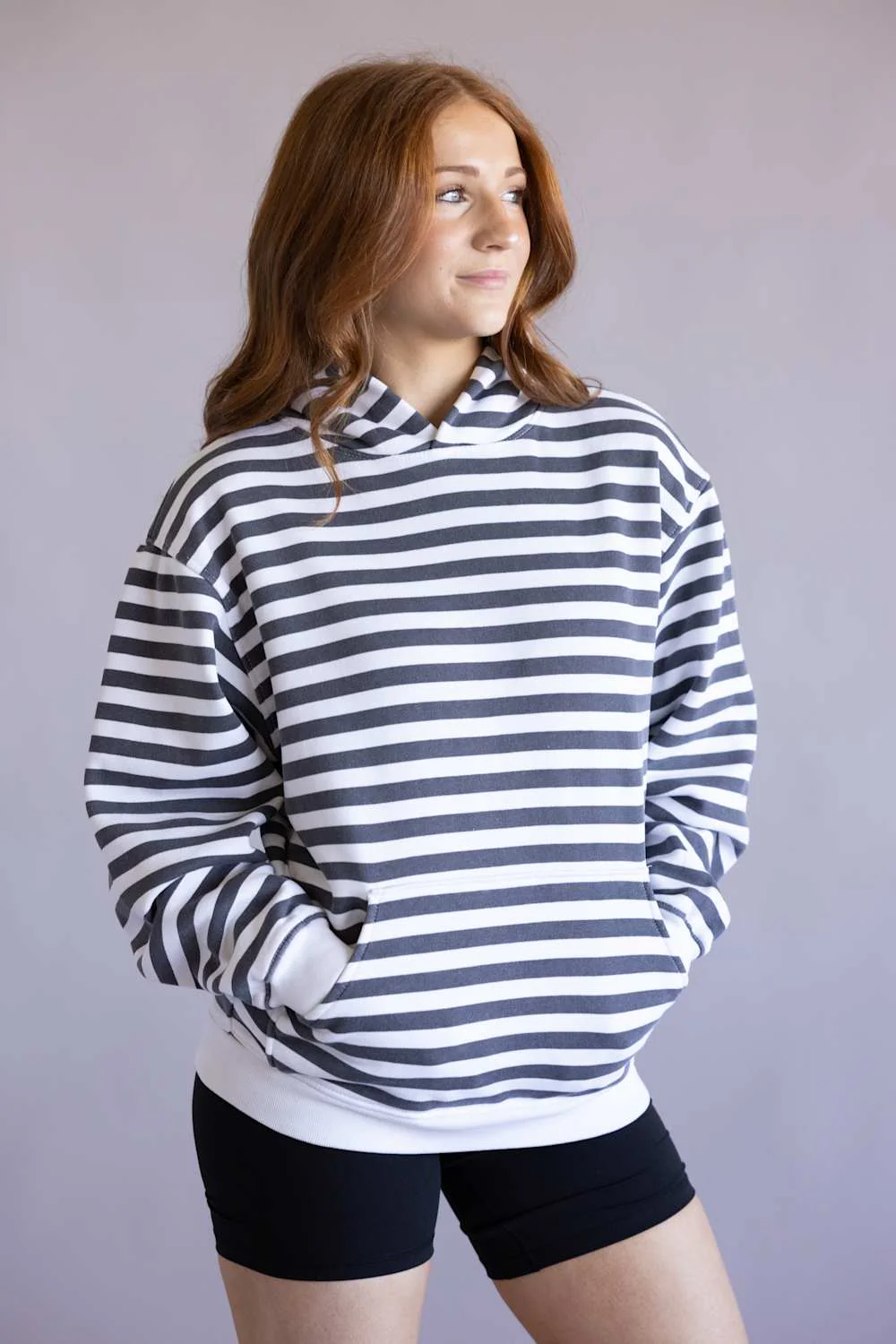 Stripe Print Fleece Vintage Hoodie for Women in Black/White | CCHOD376SNW-BKWHT - Image 5