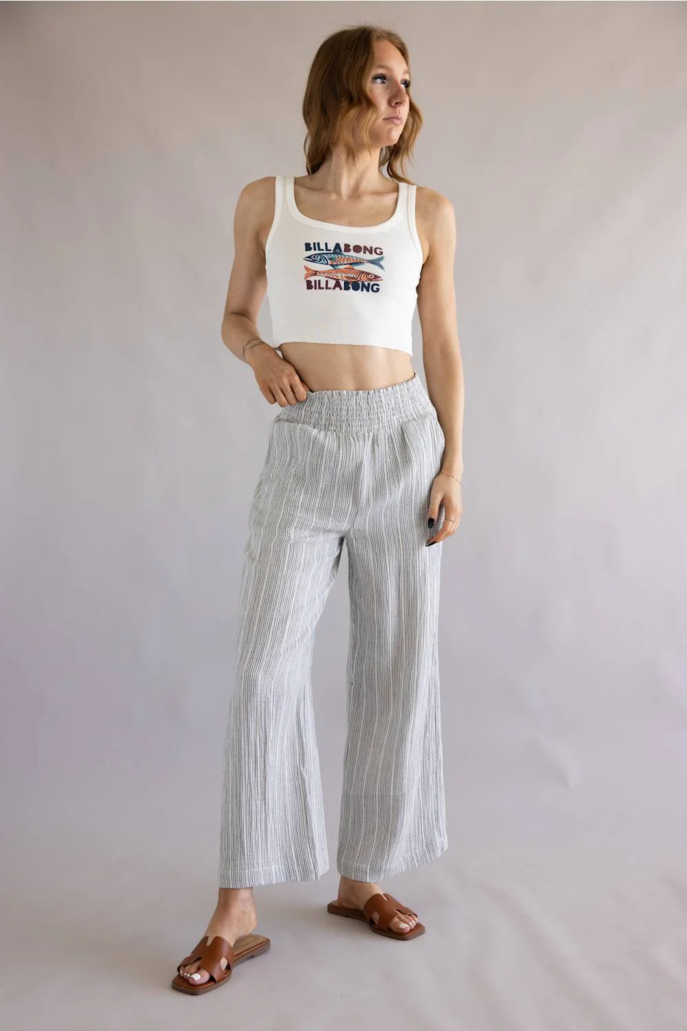 Stripe Smocked Waist Linen Pants for Women in Charcoal | 42722-CHARCOAL - Image 2