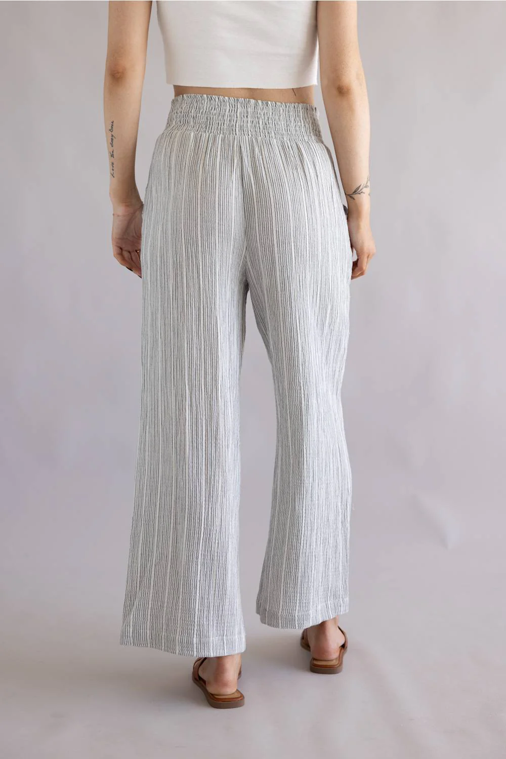 Stripe Smocked Waist Linen Pants for Women in Charcoal | 42722-CHARCOAL - Image 3
