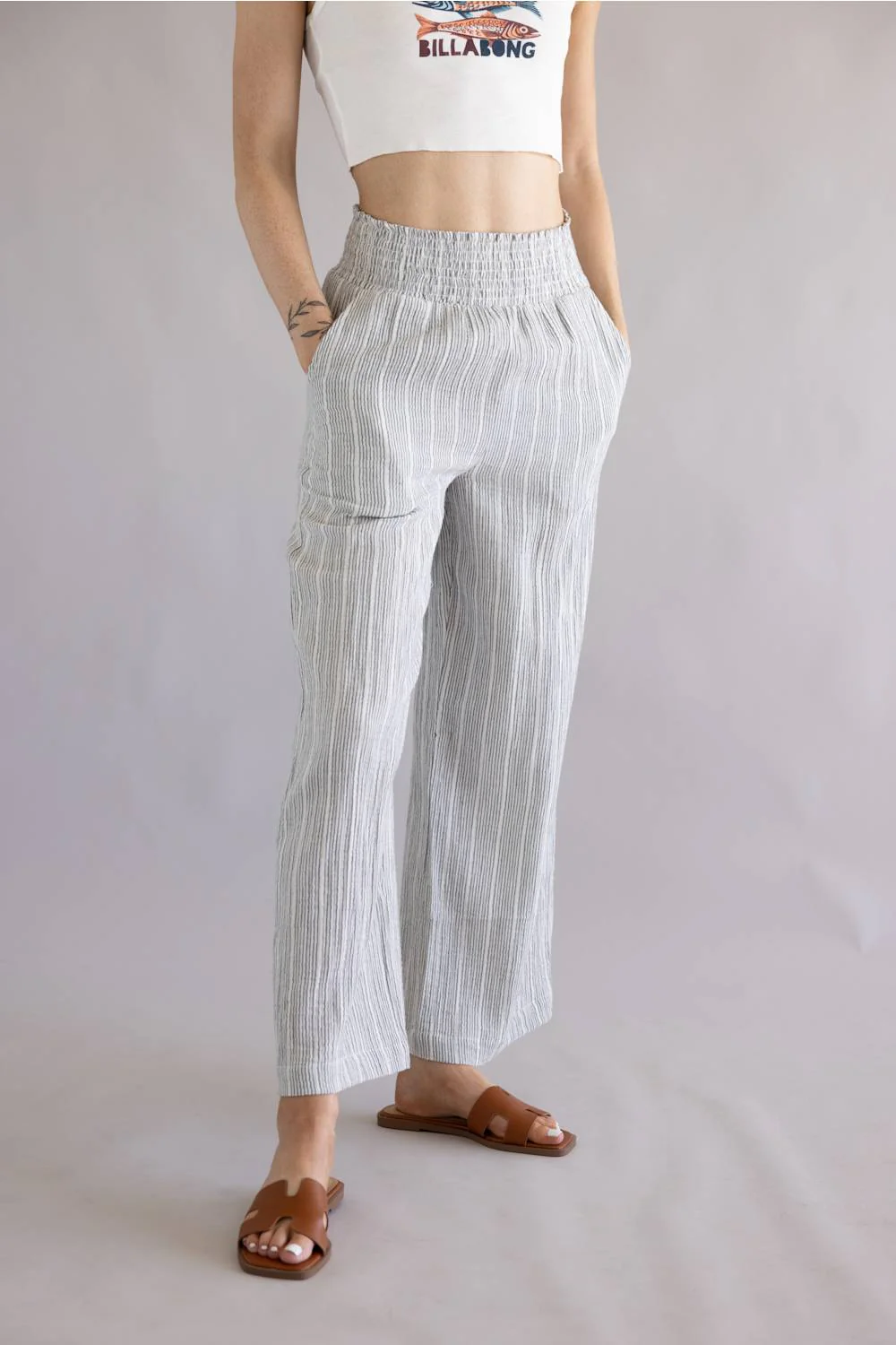 Stripe Smocked Waist Linen Pants for Women in Charcoal | 42722-CHARCOAL - Image 4