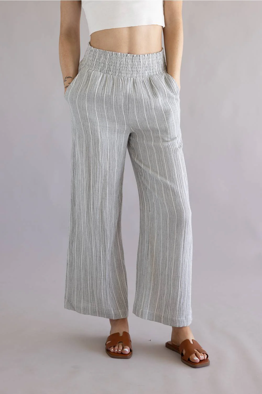 Stripe Smocked Waist Linen Pants for Women in Charcoal | 42722-CHARCOAL - Image 5