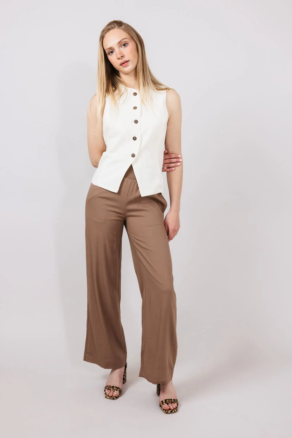 Love Tree Smocked Waist Linen Pants for Women in Mocha | 6987PS-MOCHA - Image 2