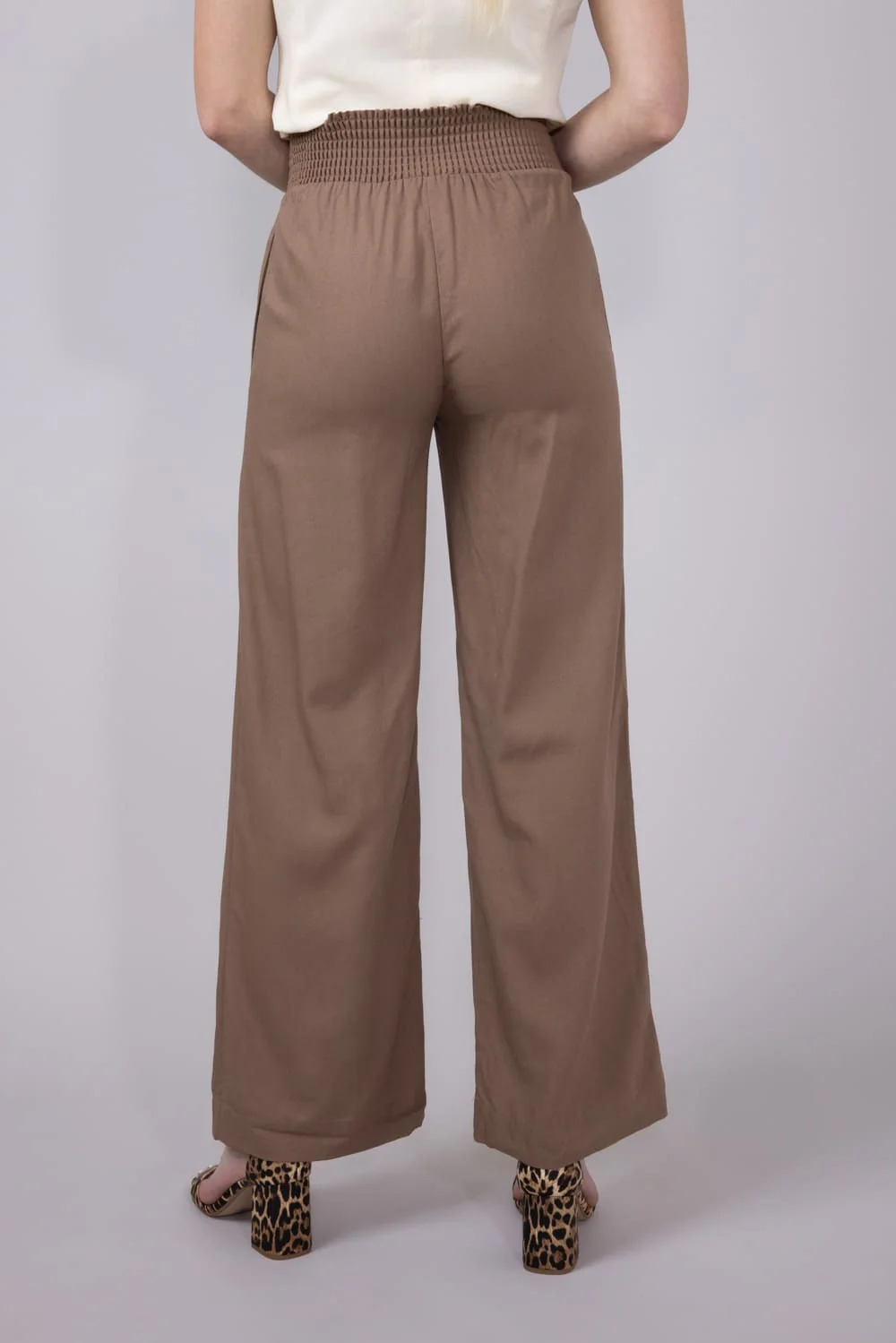 Love Tree Smocked Waist Linen Pants for Women in Mocha | 6987PS-MOCHA - Image 3