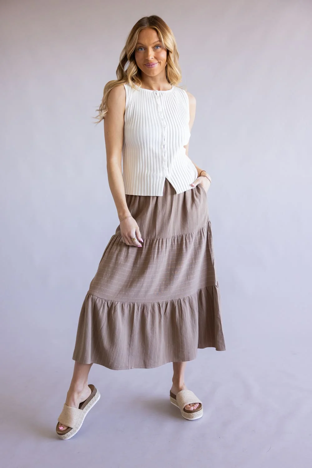 Tiered Striped Maxi Skirt for Women in Mocha/White | VS6252-MOCHAWHITE - Image 2