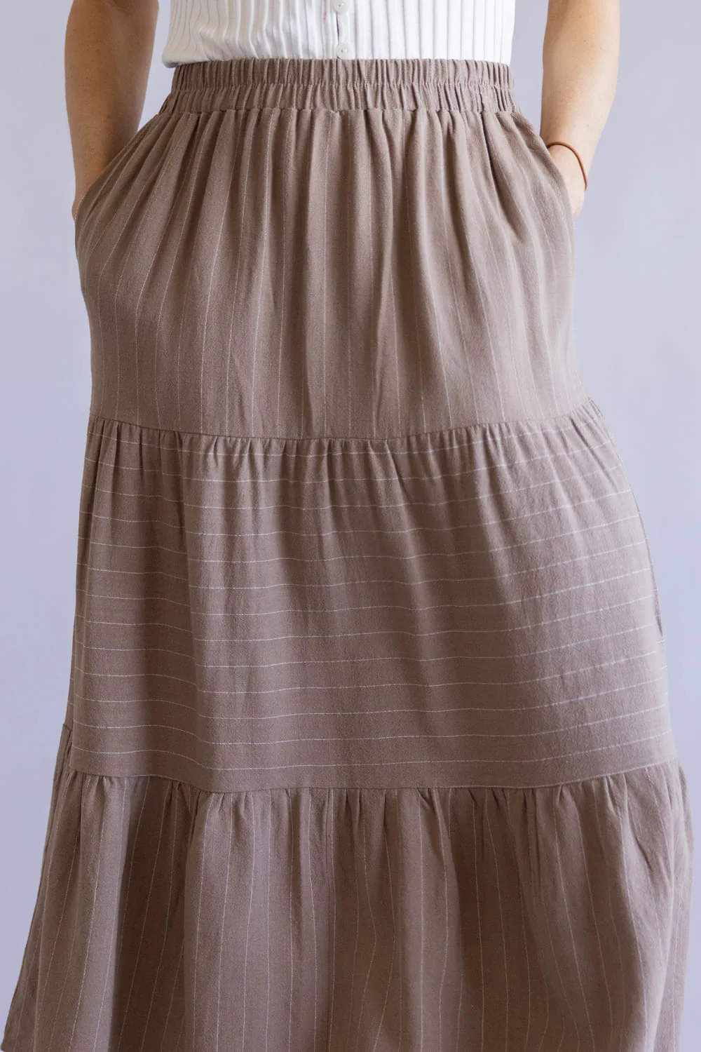 Tiered Striped Maxi Skirt for Women in Mocha/White | VS6252-MOCHAWHITE - Image 3
