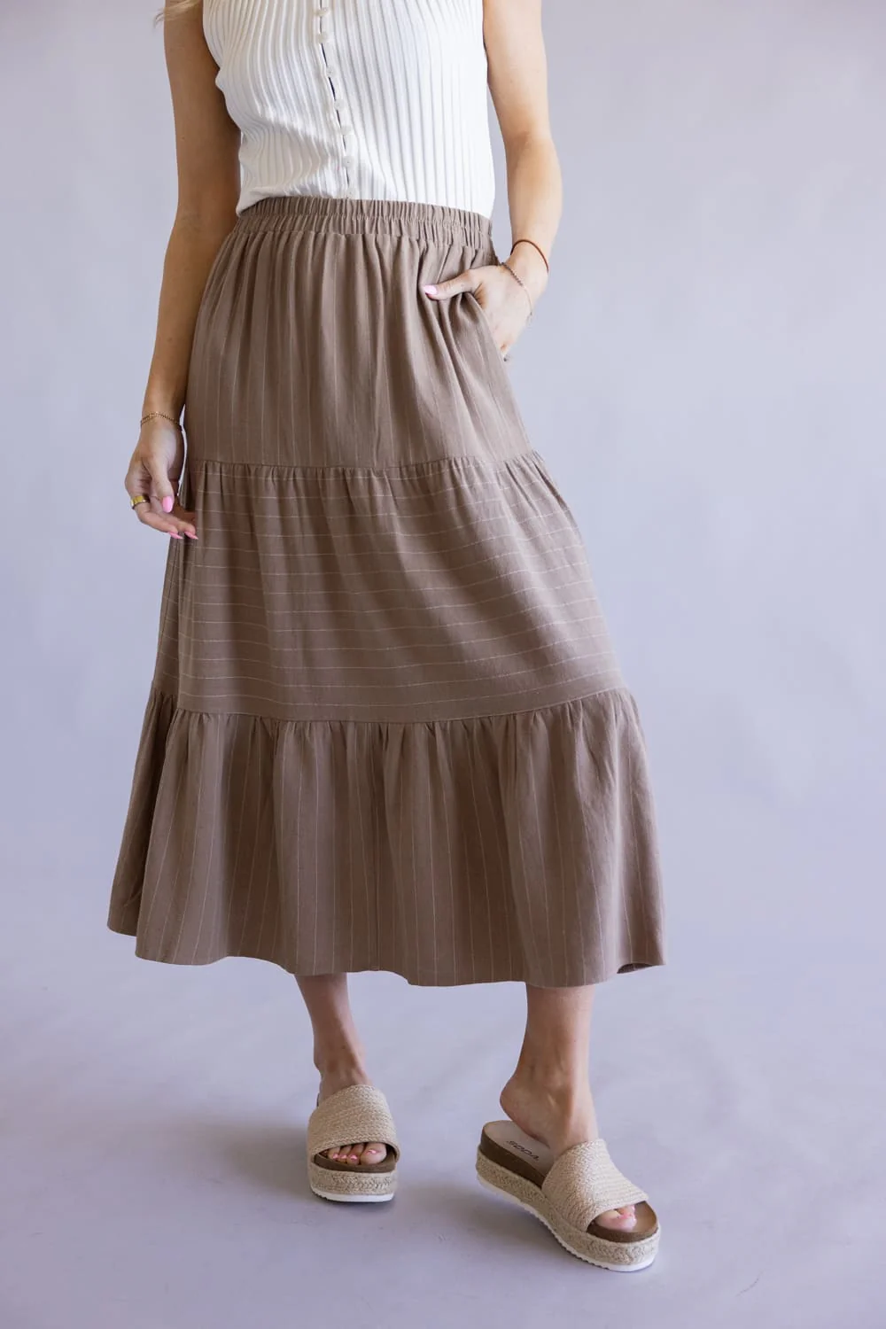 Tiered Striped Maxi Skirt for Women in Mocha/White | VS6252-MOCHAWHITE - Image 5