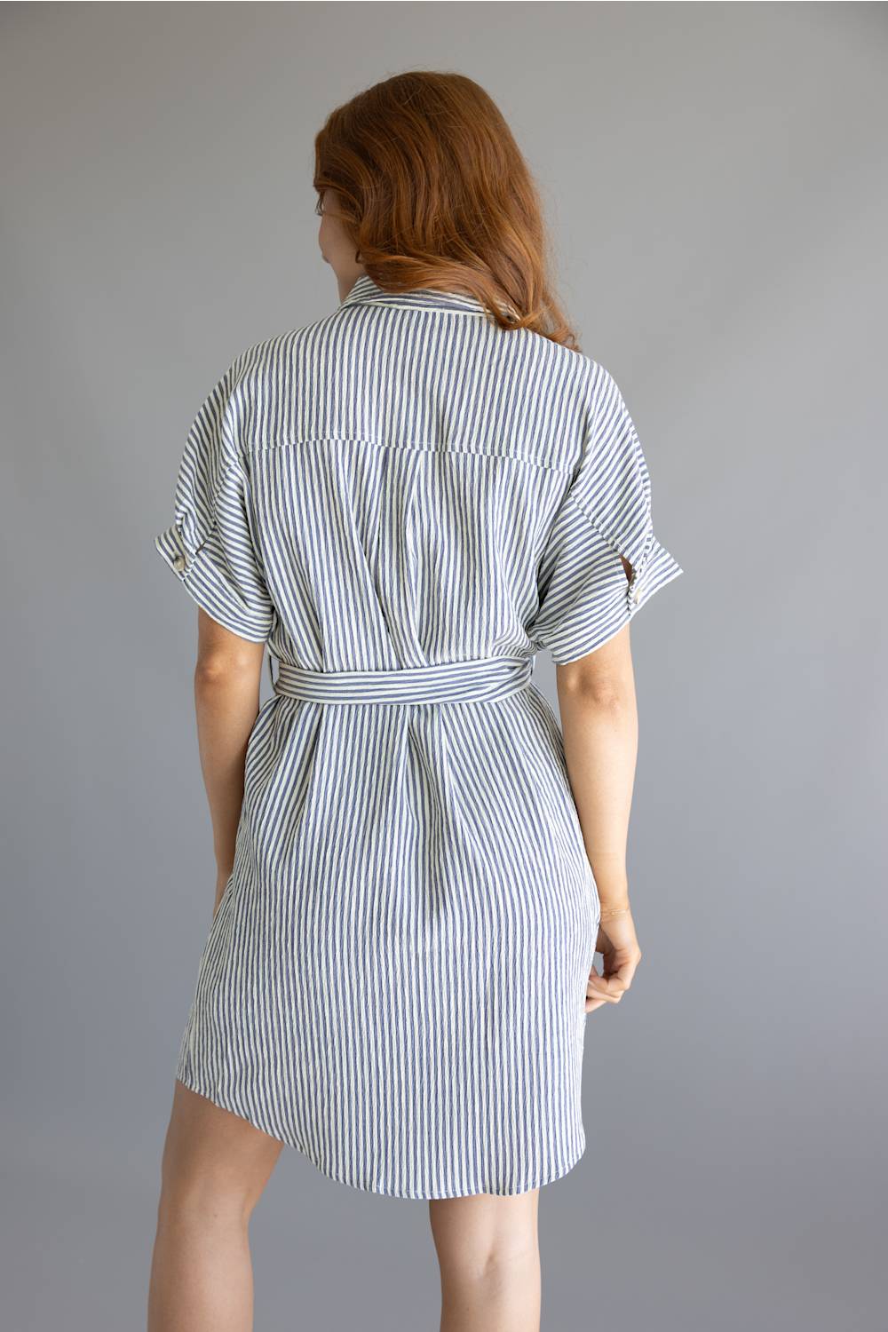 Striped Button Front Tie Waist Midi Dress for Women in Navy/Cream | MD6995G-GLKS-NAVYCREAMSTRIPE - Image 2
