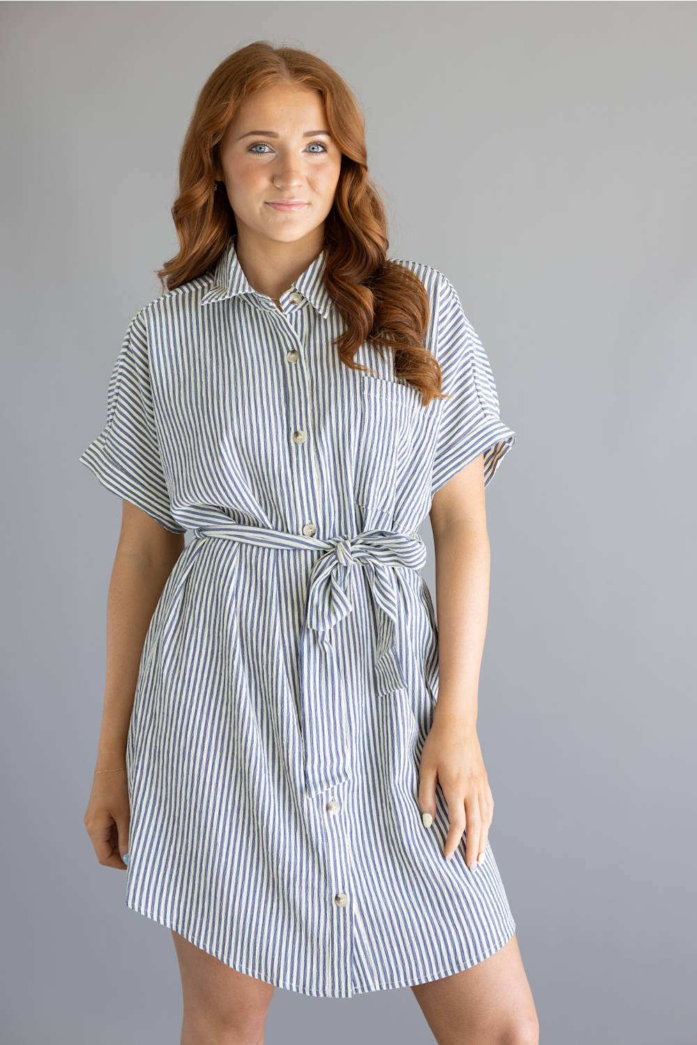 Striped Button Front Tie Waist Midi Dress for Women in Navy/Cream | MD6995G-GLKS-NAVYCREAMSTRIPE - Image 3
