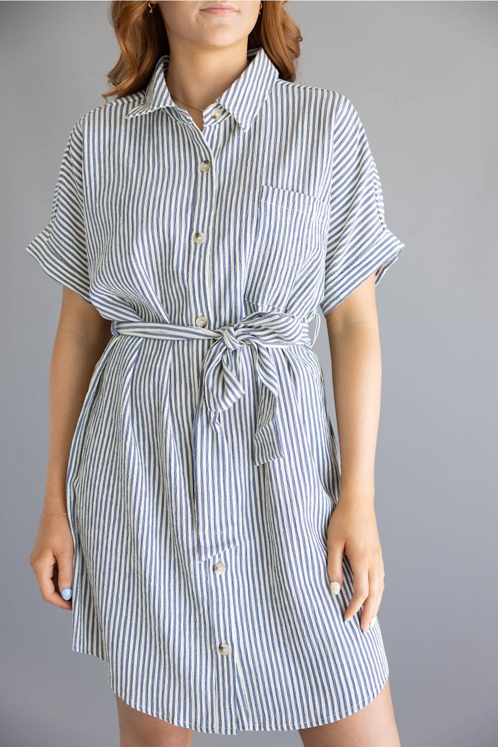 Striped Button Front Tie Waist Midi Dress for Women in Navy/Cream | MD6995G-GLKS-NAVYCREAMSTRIPE - Image 4