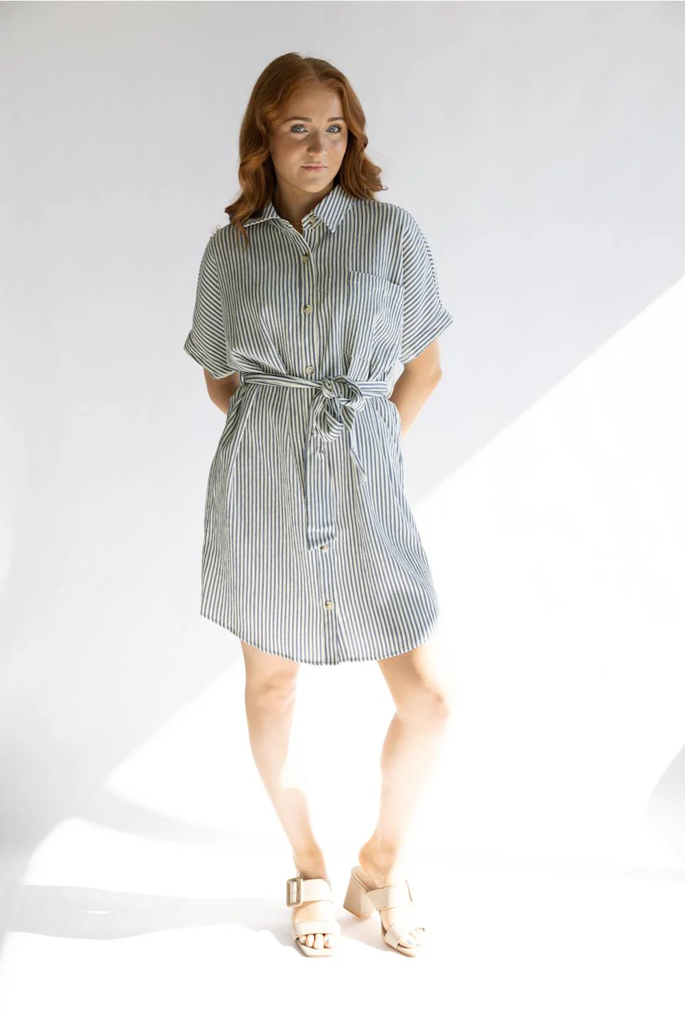 Striped Button Front Tie Waist Midi Dress for Women in Navy/Cream | MD6995G-GLKS-NAVYCREAMSTRIPE - Image 5