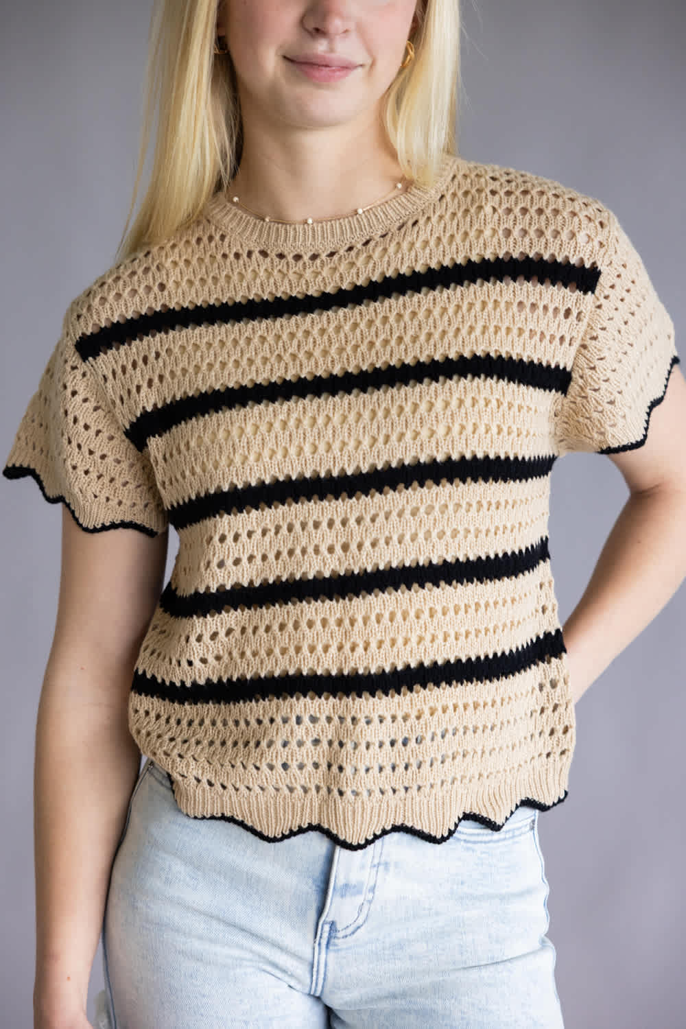 La Miel Striped Crochet Knit Sweater Top for Women in Brown/Black | MDS3603-COOKIEDOUGH - Image 2
