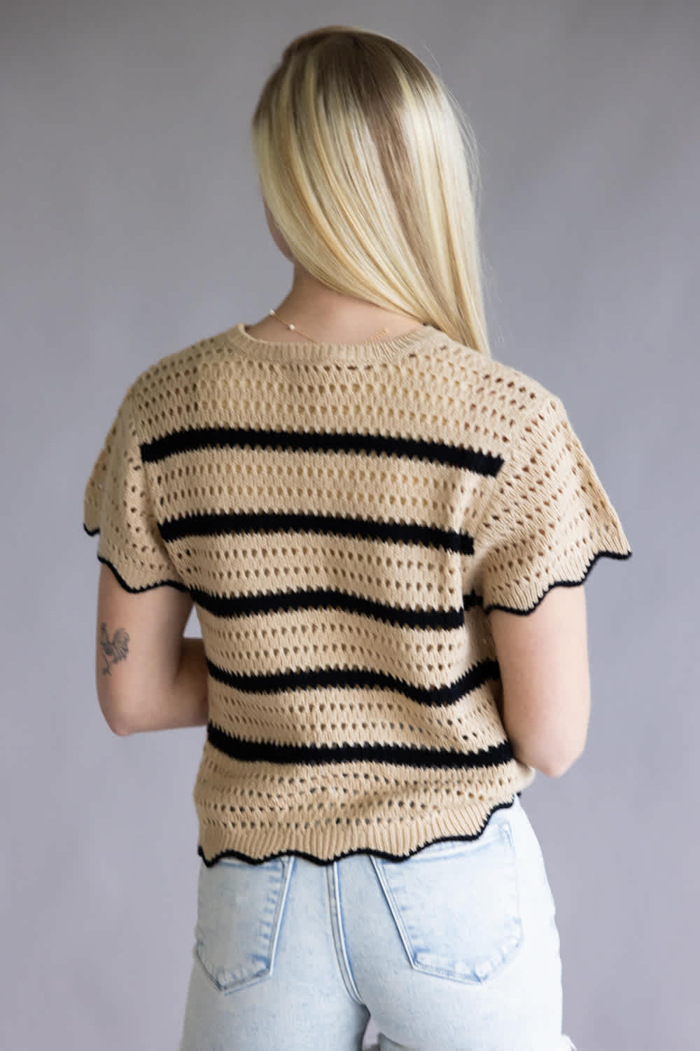 La Miel Striped Crochet Knit Sweater Top for Women in Brown/Black | MDS3603-COOKIEDOUGH - Image 3