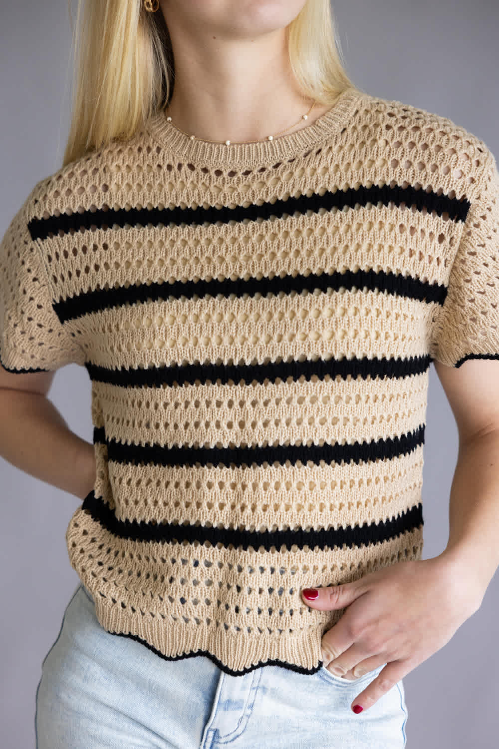 La Miel Striped Crochet Knit Sweater Top for Women in Brown/Black | MDS3603-COOKIEDOUGH - Image 4