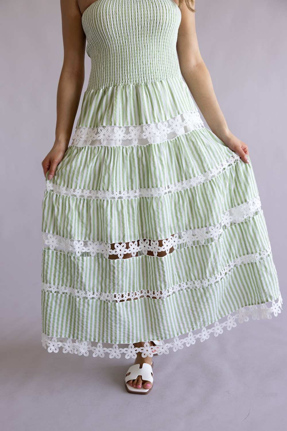Strut & Bolt Striped Eyelet Strapless Midi Dress for Women in Sage Green | D-10435-H-GRN - Image 2