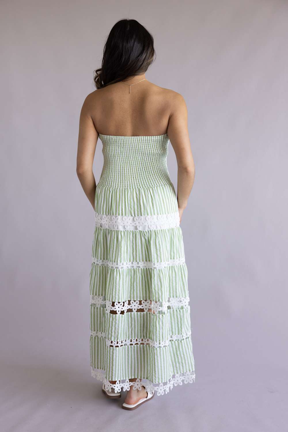 Strut & Bolt Striped Eyelet Strapless Midi Dress for Women in Sage Green | D-10435-H-GRN - Image 3