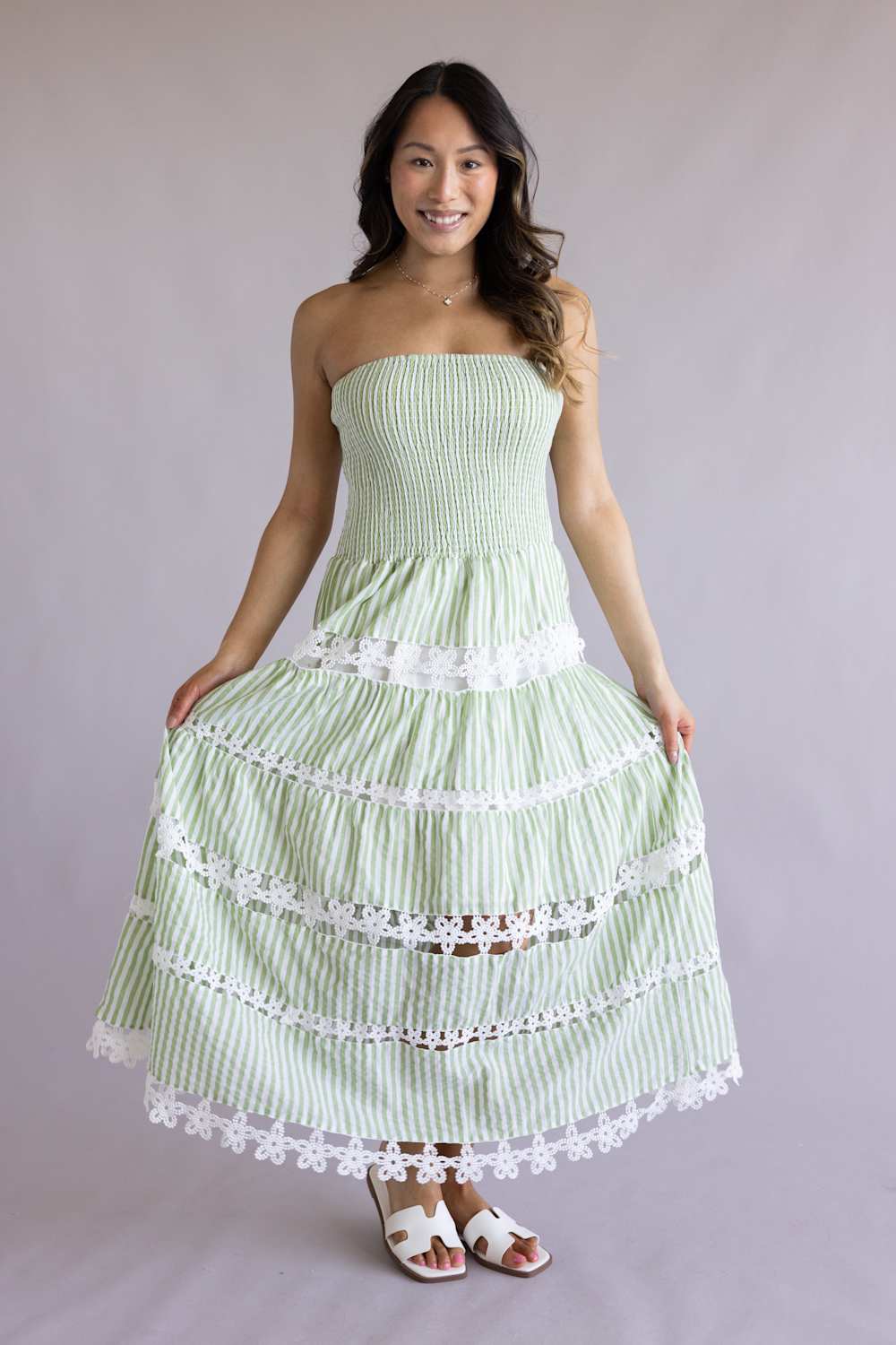 Strut & Bolt Striped Eyelet Strapless Midi Dress for Women in Sage Green | D-10435-H-GRN - Image 4