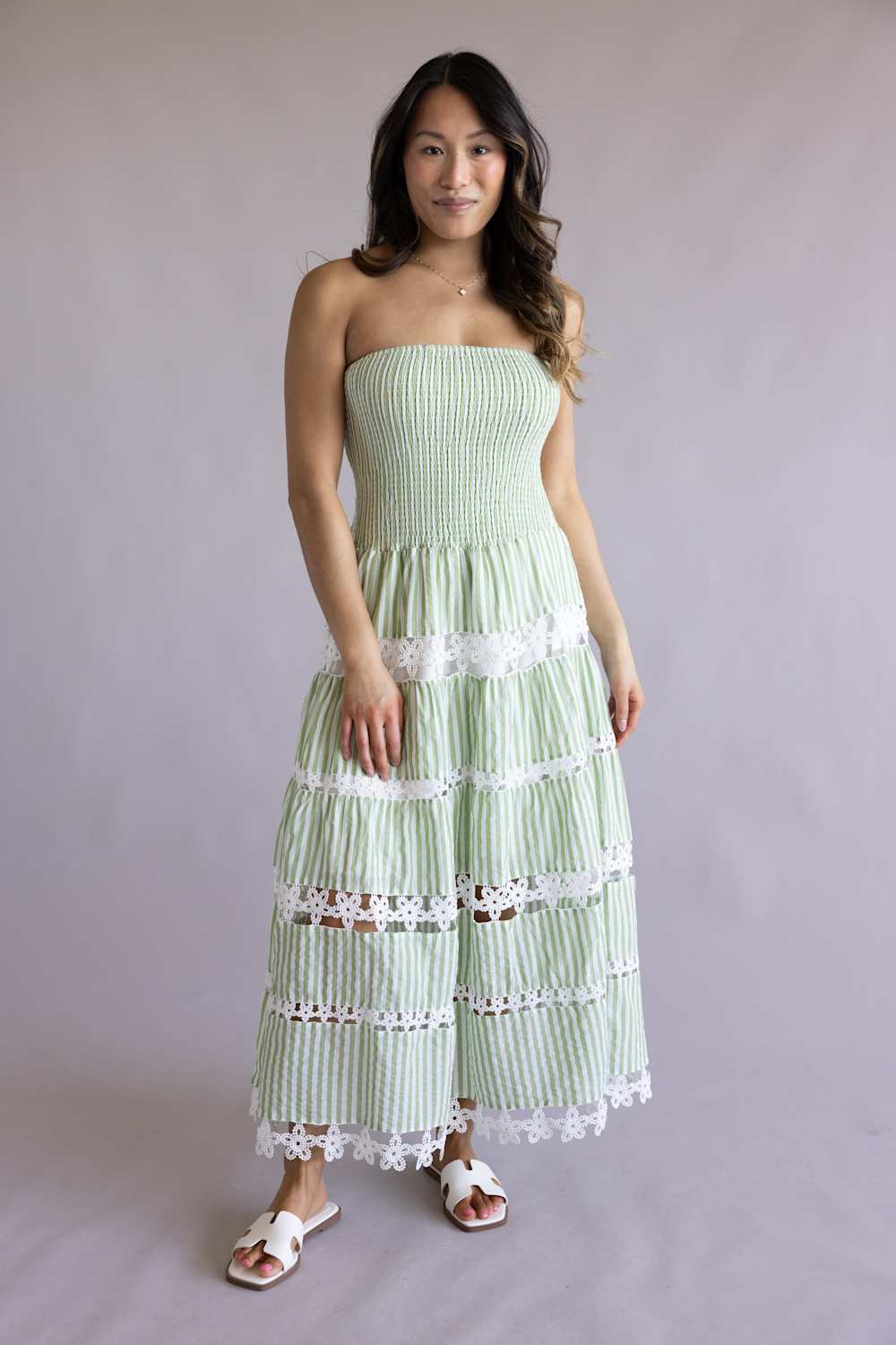 Strut & Bolt Striped Eyelet Strapless Midi Dress for Women in Sage Green | D-10435-H-GRN - Image 5