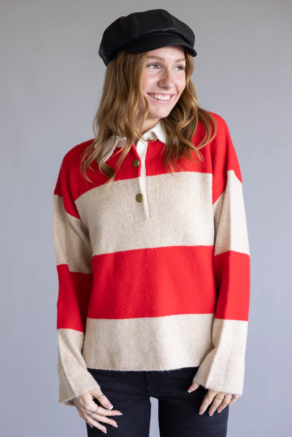 Striped Polo Sweater for Women in Cream/Red | AJT5047-TAUPERED - Image 3