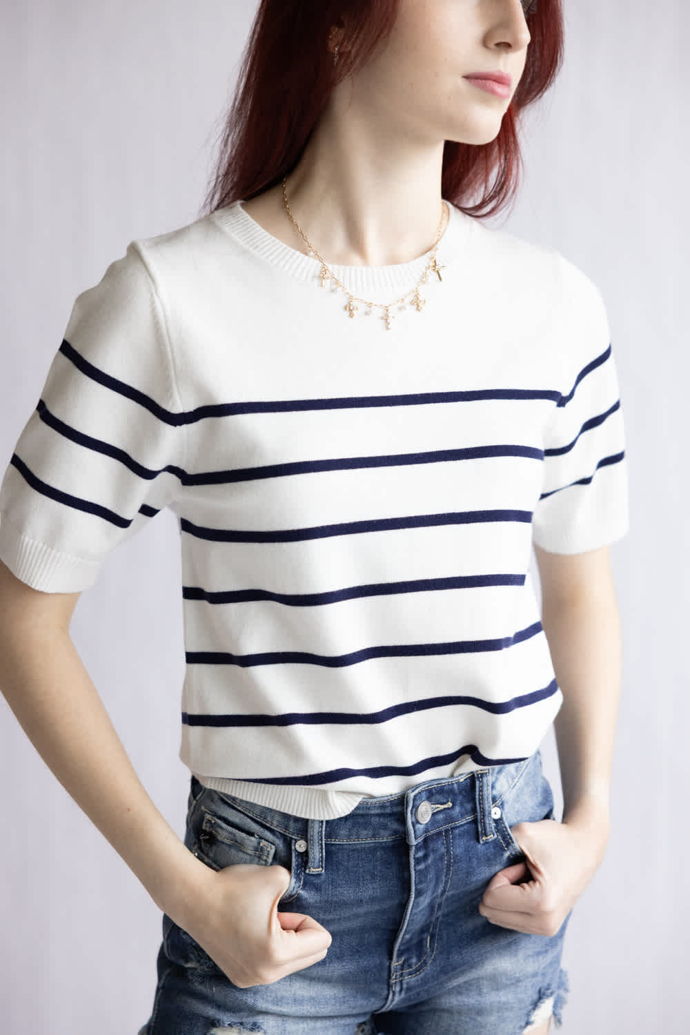 Striped Short Sleeve Sweater for Women in White/Navy | ATS8977-WHT - Image 3