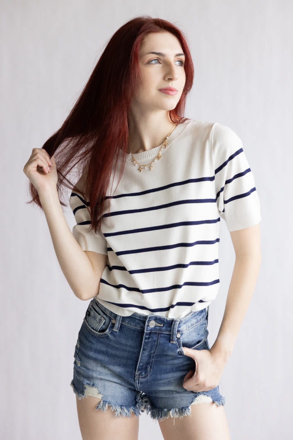 Striped Short Sleeve Sweater for Women in White/Navy | ATS8977-WHT - Image 4