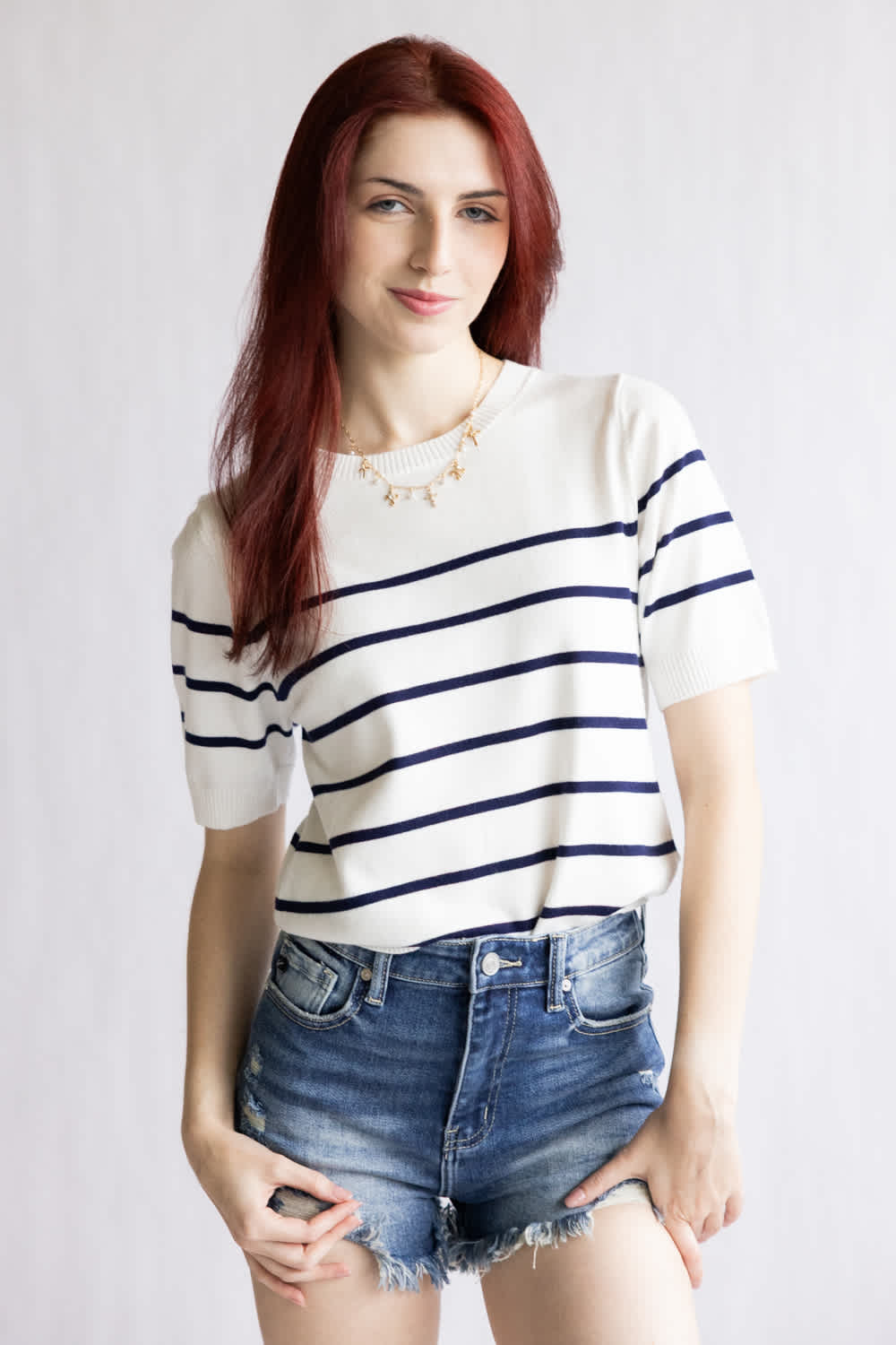 Striped Short Sleeve Sweater for Women in White/Navy | ATS8977-WHT - Image 5
