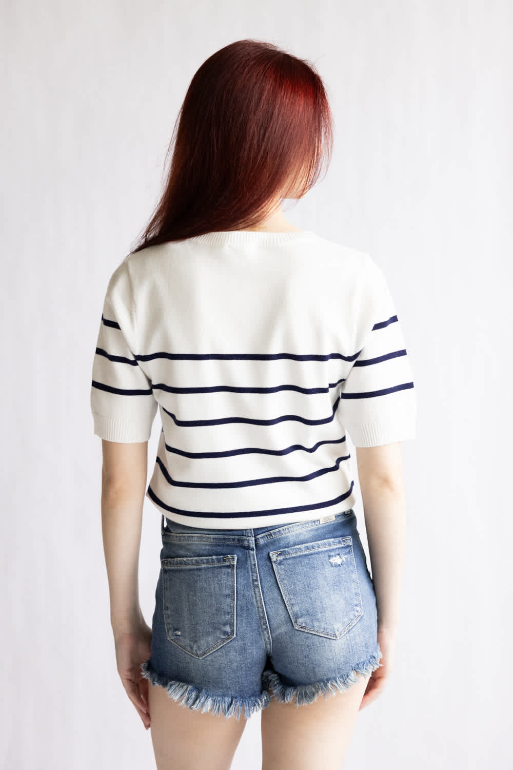 Striped Short Sleeve Sweater for Women in White/Navy | ATS8977-WHT - Image 6