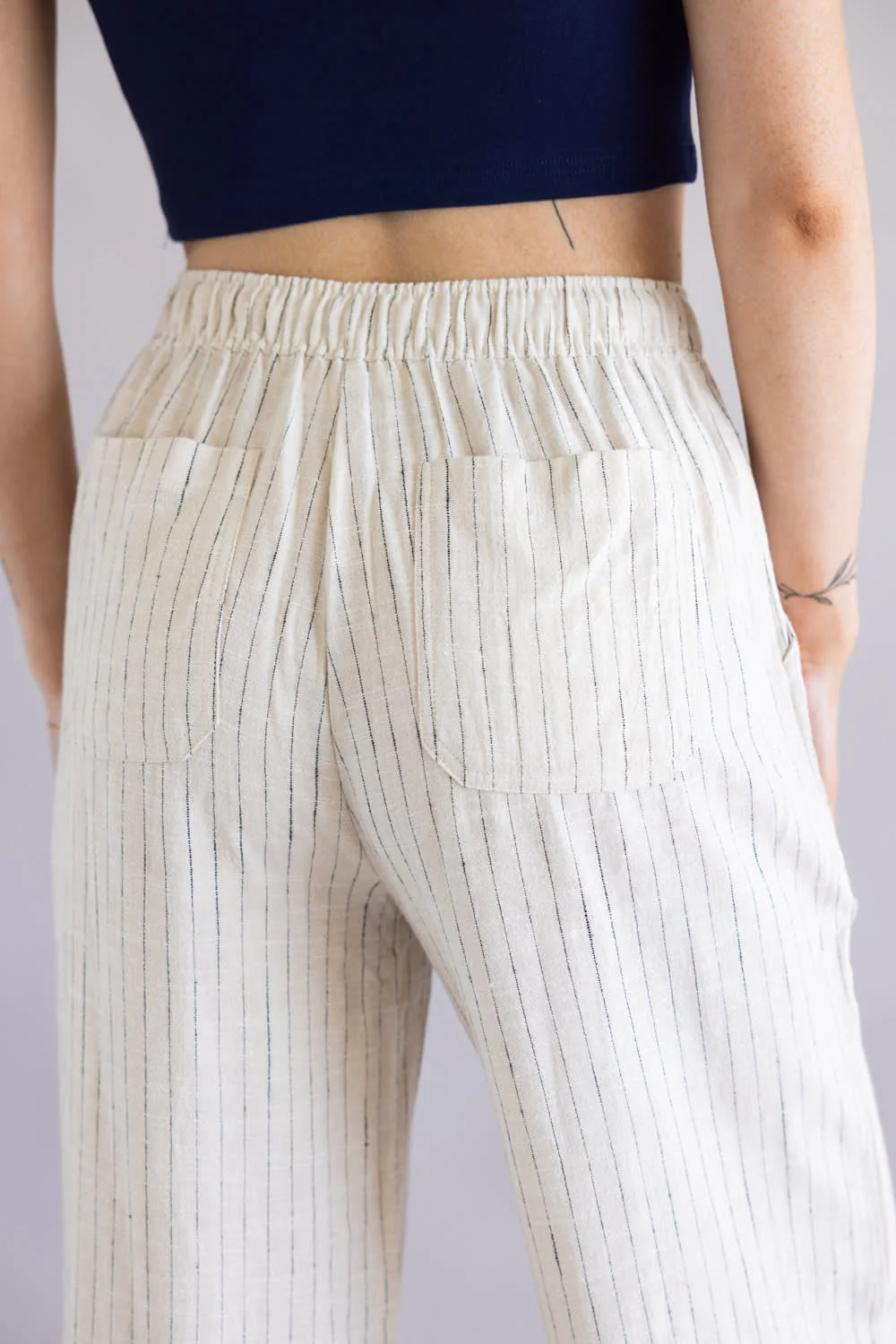 Striped Wide Leg Linen Pants for Women in Off White | 42590-STRIPE - Image 2
