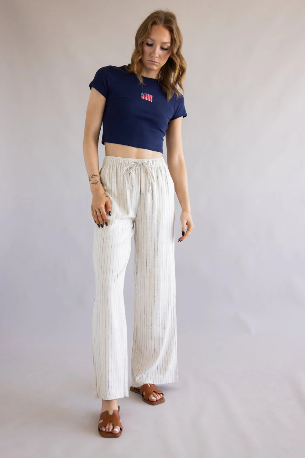 Striped Wide Leg Linen Pants for Women in Off White | 42590-STRIPE - Image 3