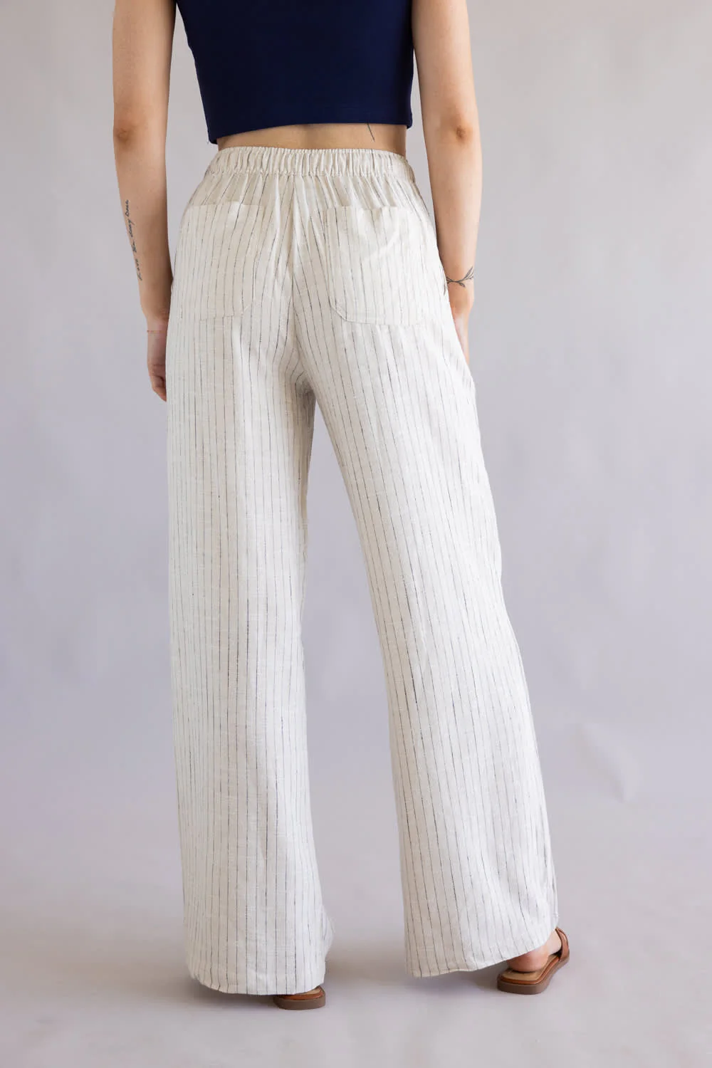 Striped Wide Leg Linen Pants for Women in Off White | 42590-STRIPE - Image 4