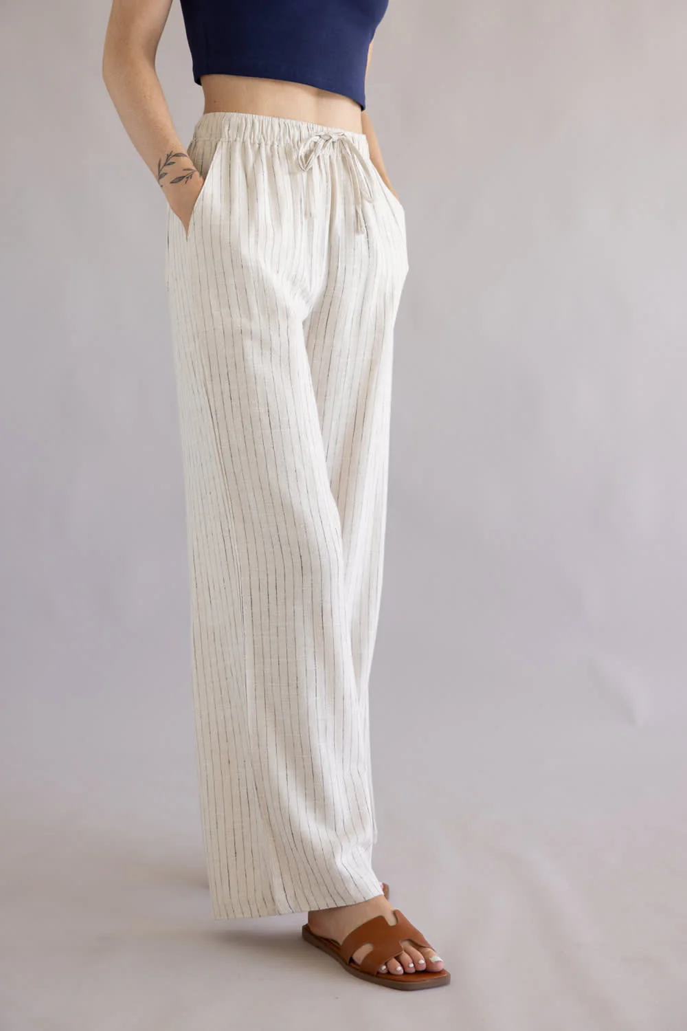 Striped Wide Leg Linen Pants for Women in Off White | 42590-STRIPE - Image 5
