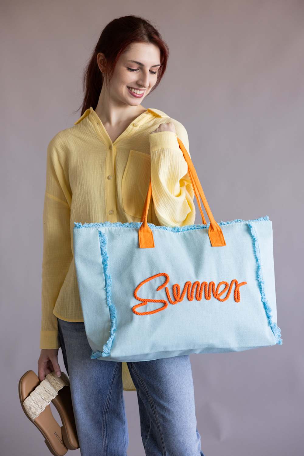 Summer Rope Canvas Tote Bag in Light Blue/Orange | TB0204-BL - Image 2