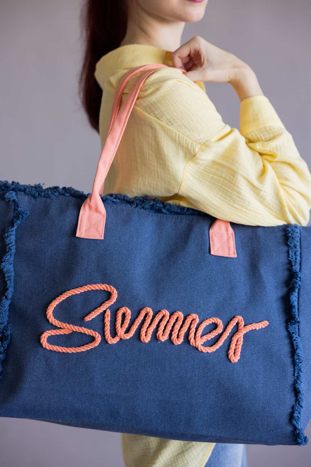 Summer Rope Canvas Tote Bag in Navy/Pink | TB0204-NV
