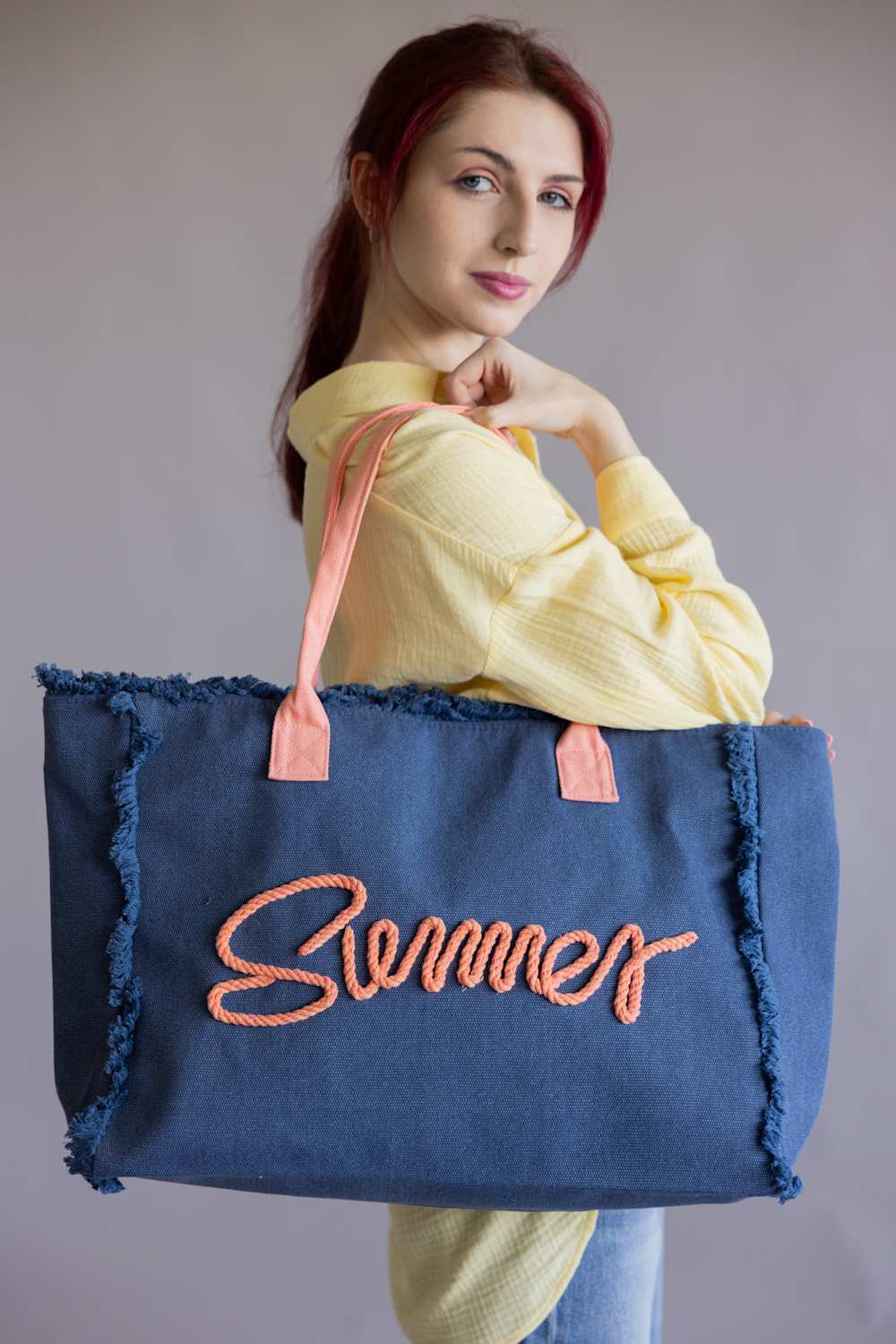 Summer Rope Canvas Tote Bag in Navy/Pink | TB0204-NV - Image 2