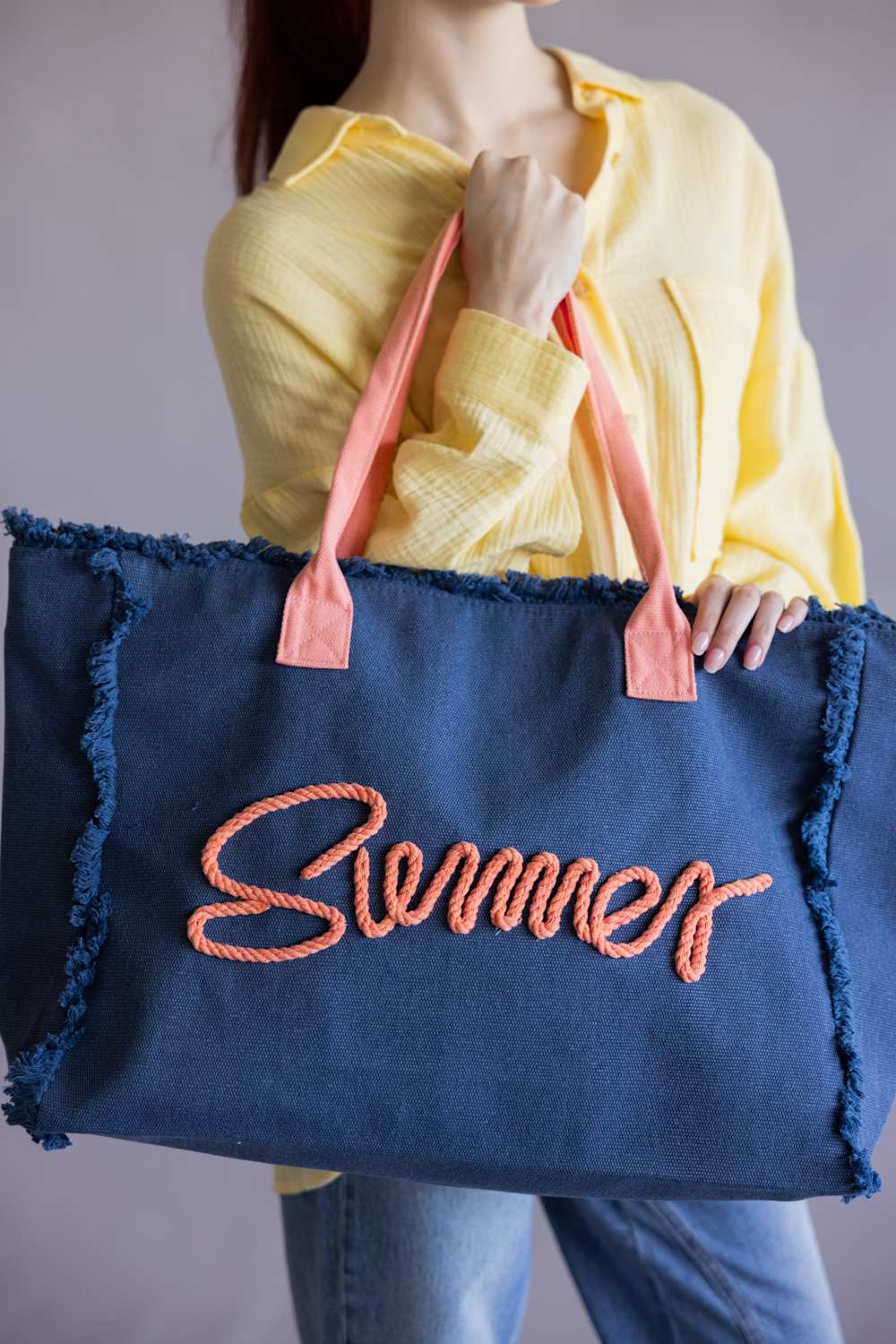 Summer Rope Canvas Tote Bag in Navy/Pink | TB0204-NV - Image 4