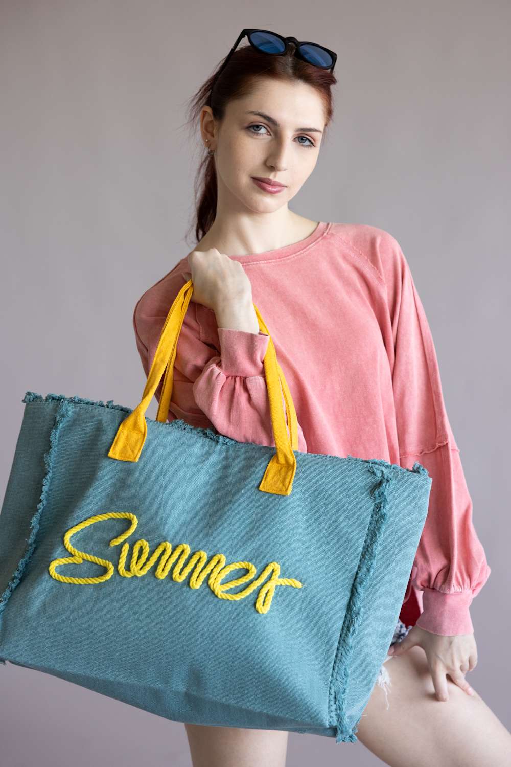 Summer Rope Canvas Tote Bag in Teal/Yellow | TB0204-TL