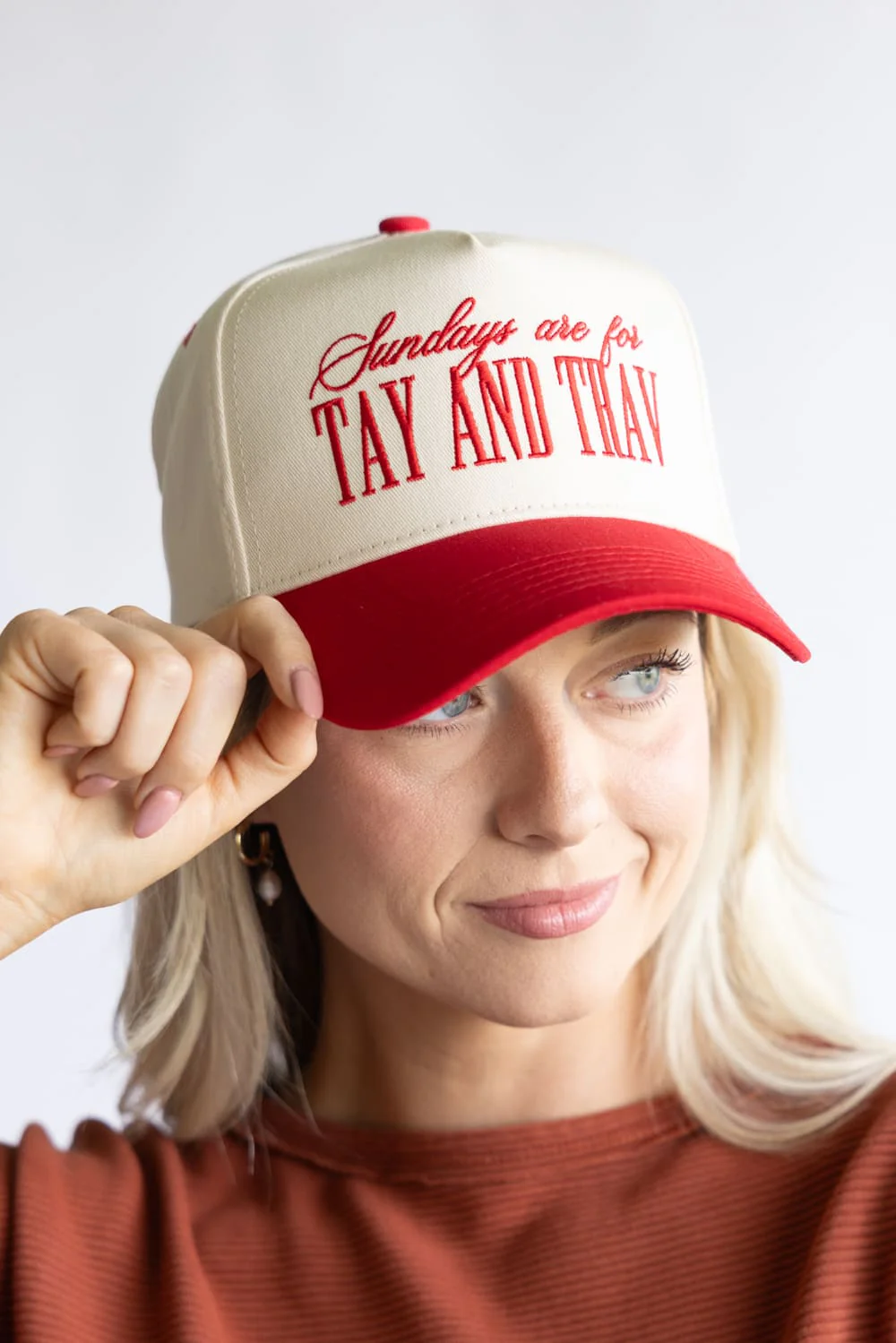 Sundays Are For Tay And Trav Trucker Hat for Women in Red/Tan | SUNDAYSAREFORTAYANDTAV - Image 4