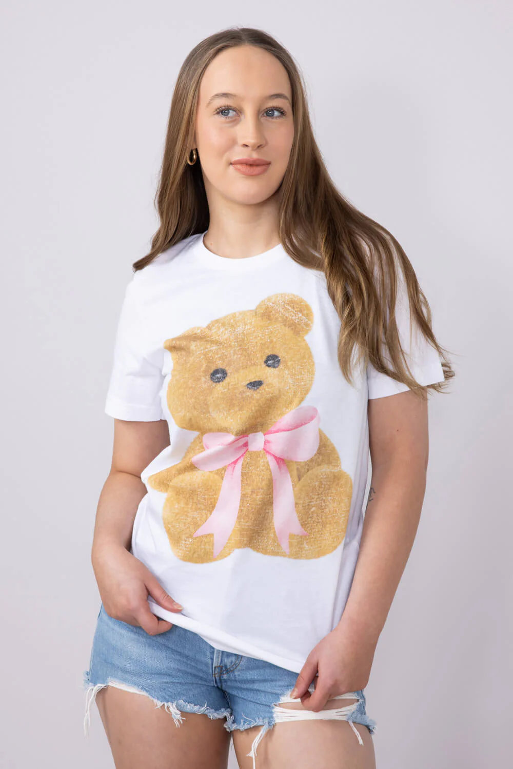 Teddy Bear Bow Graphic T-Shirt for Women in White | 32783X-TS-WHITE - Image 3