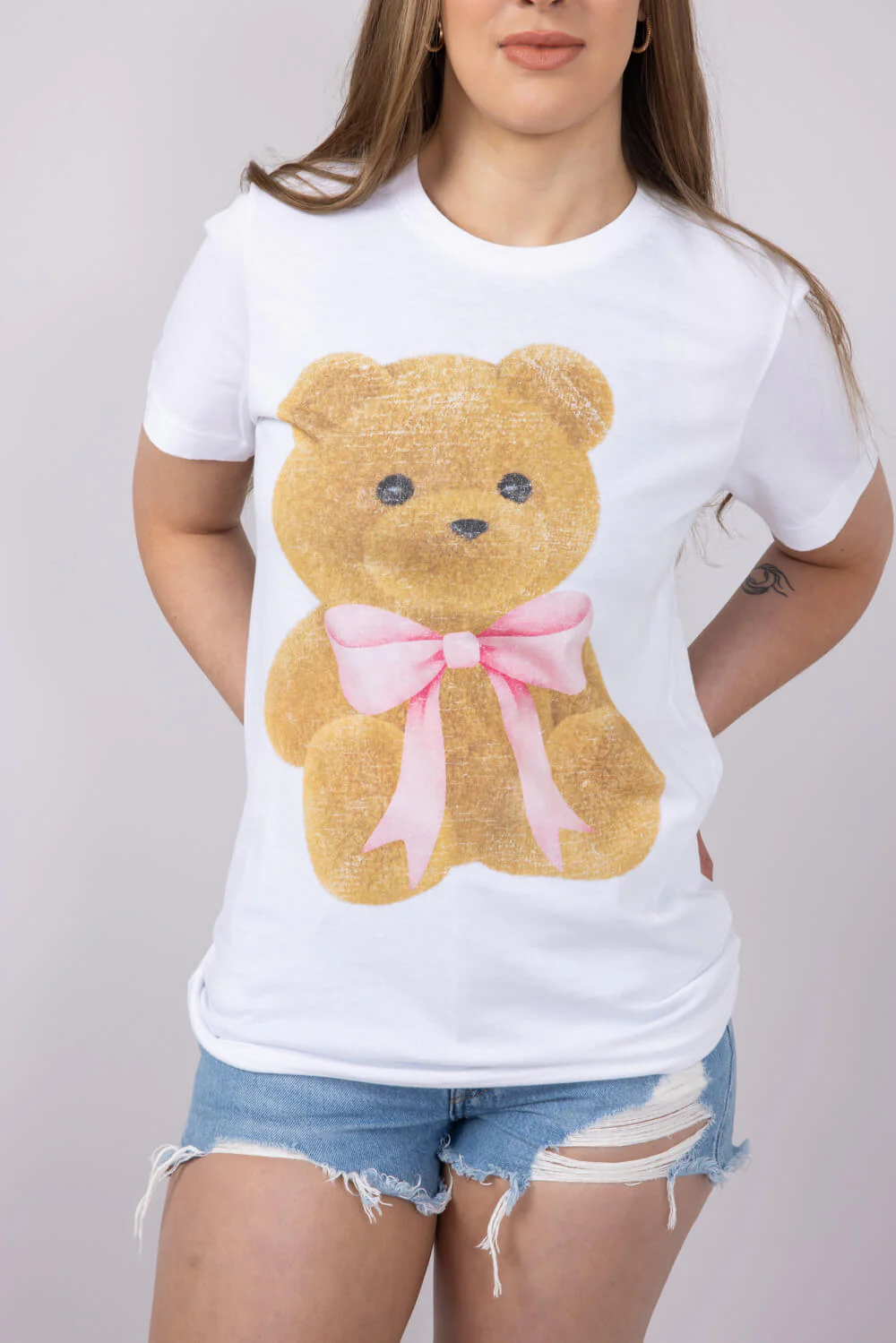 Teddy Bear Bow Graphic T-Shirt for Women in White | 32783X-TS-WHITE - Image 4
