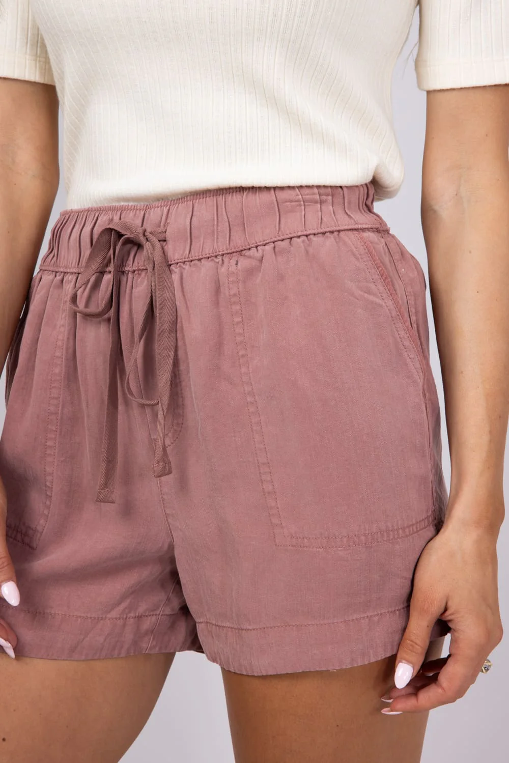Tencel Drawstring Shorts for Women in Pink | 42589-MARSALA - Image 5