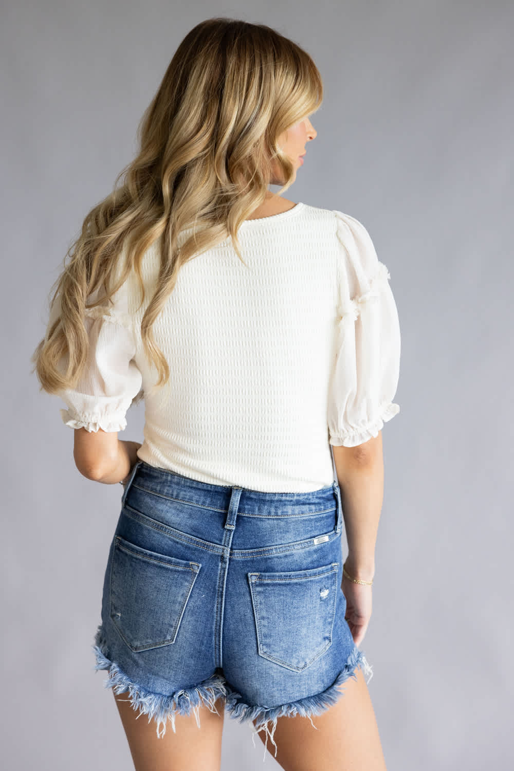 Textured Frill Puff Sleeve Top for Women in Cream | S15460-CRM - Image 3