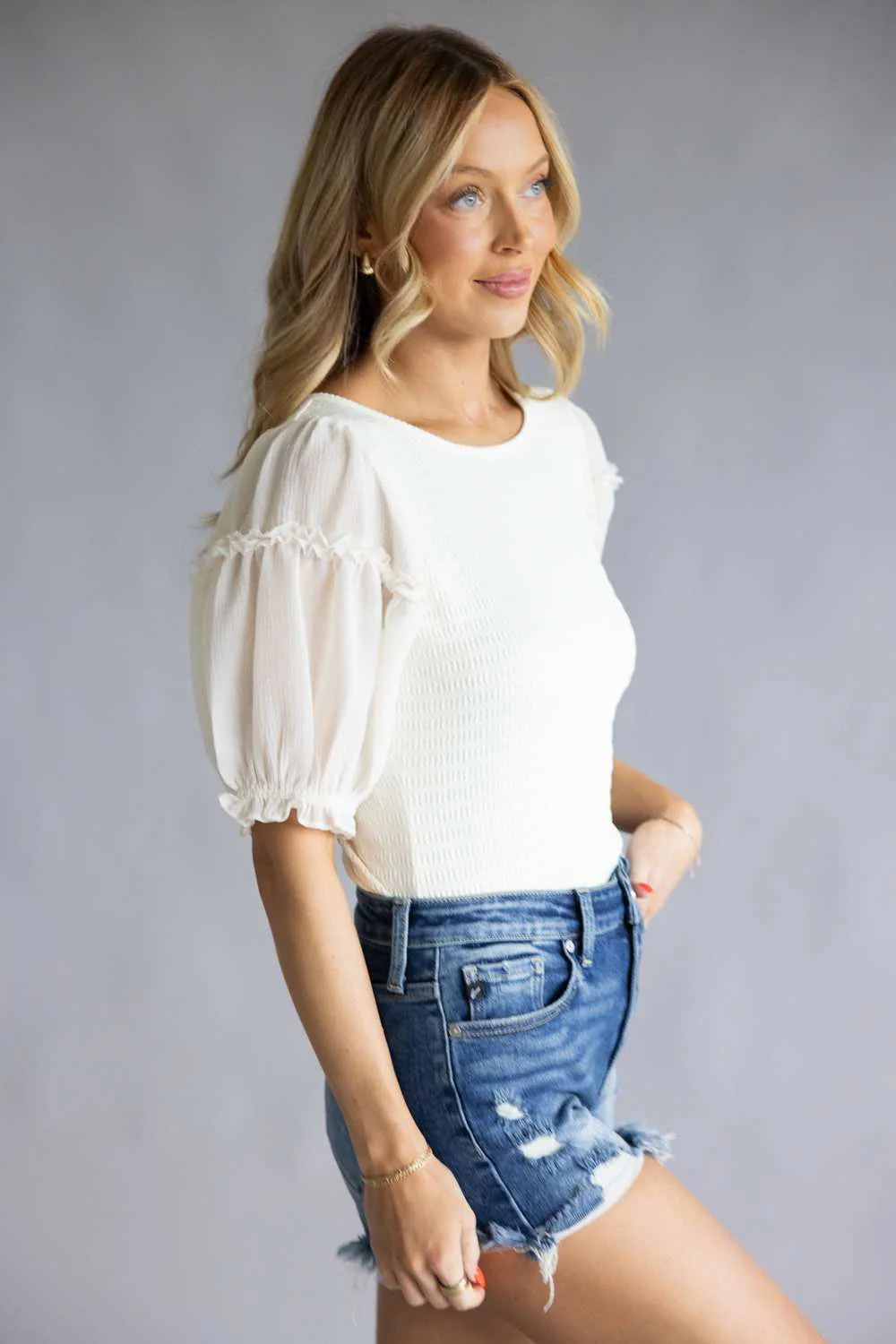 Textured Frill Puff Sleeve Top for Women in Cream | S15460-CRM - Image 5