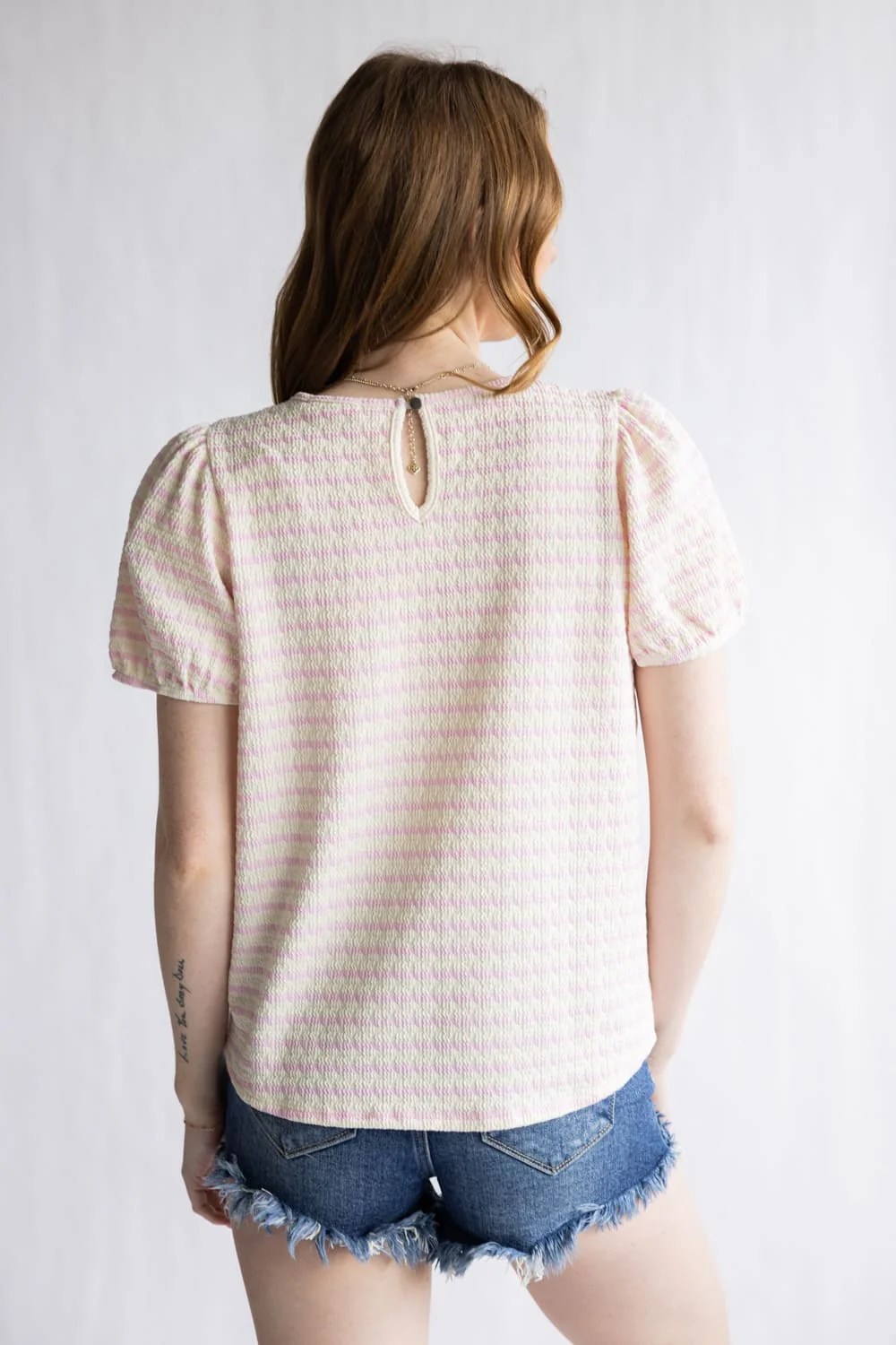 Textured Stripe Puff Sleeve Top for Women in Pink/Cream | T10474-CRMBALPNK - Image 2