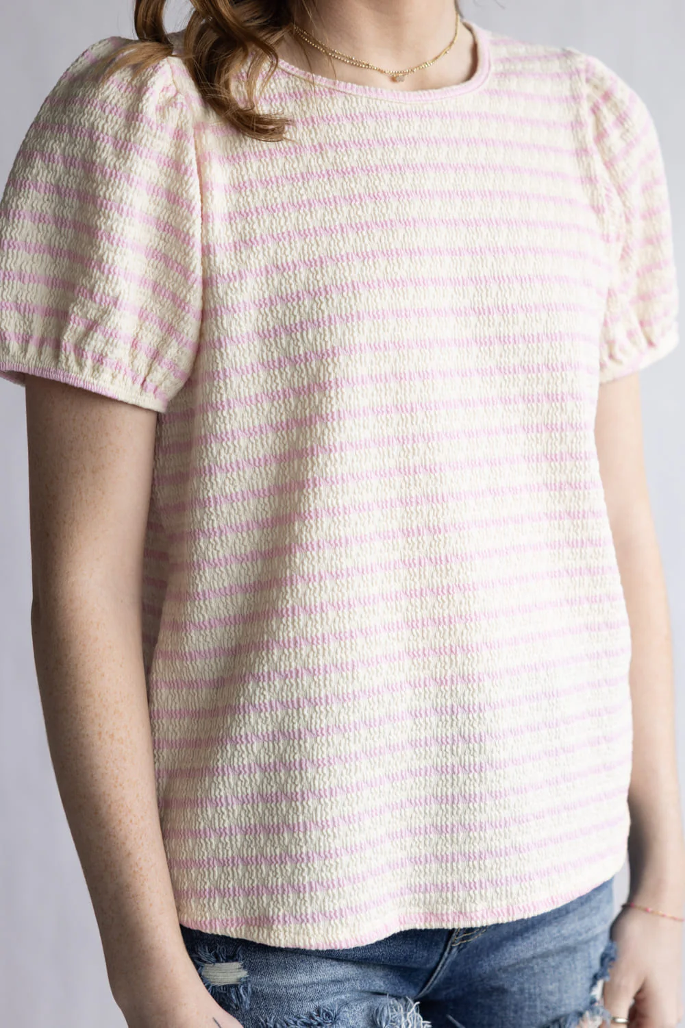 Textured Stripe Puff Sleeve Top for Women in Pink/Cream | T10474-CRMBALPNK - Image 3
