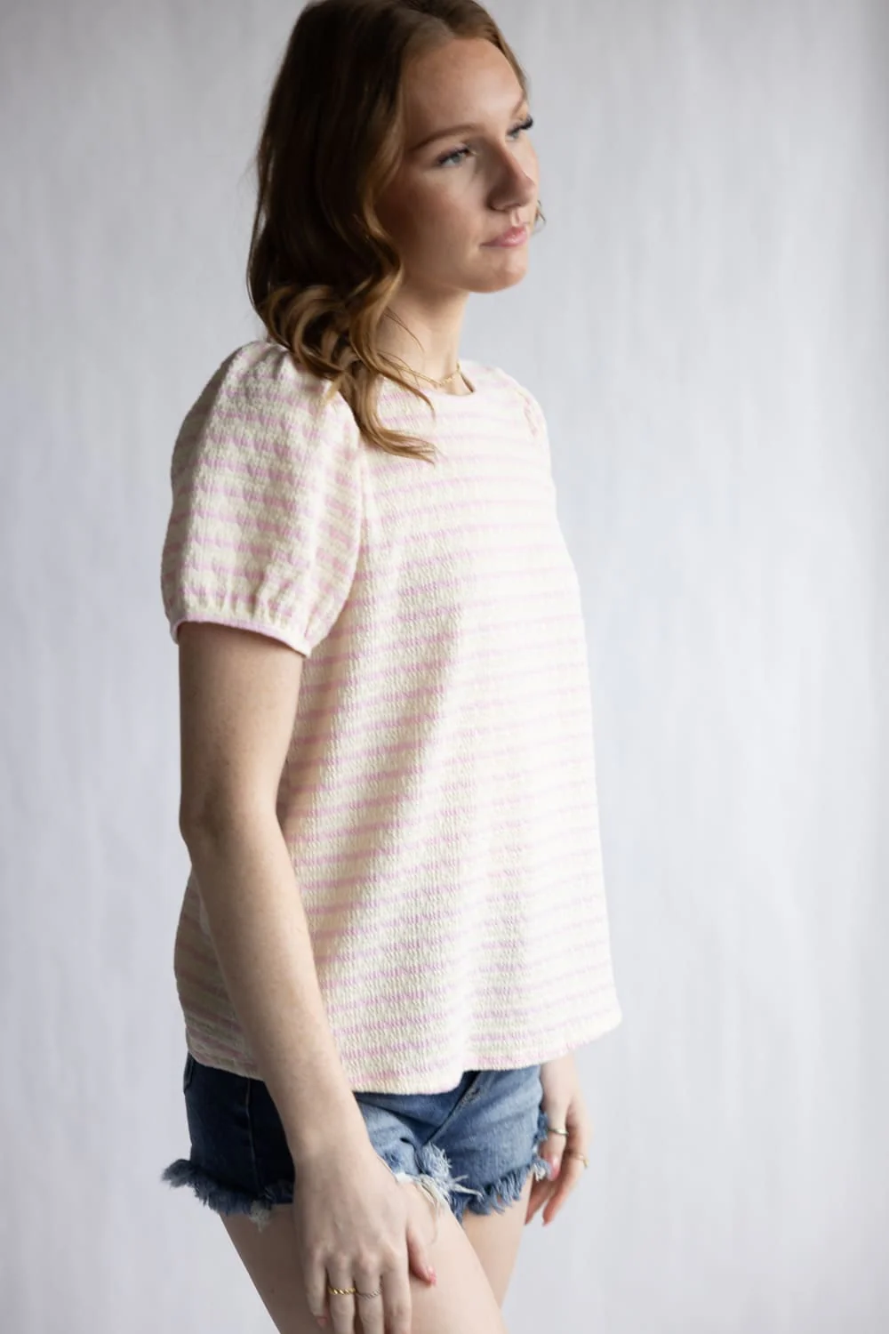 Textured Stripe Puff Sleeve Top for Women in Pink/Cream | T10474-CRMBALPNK - Image 4