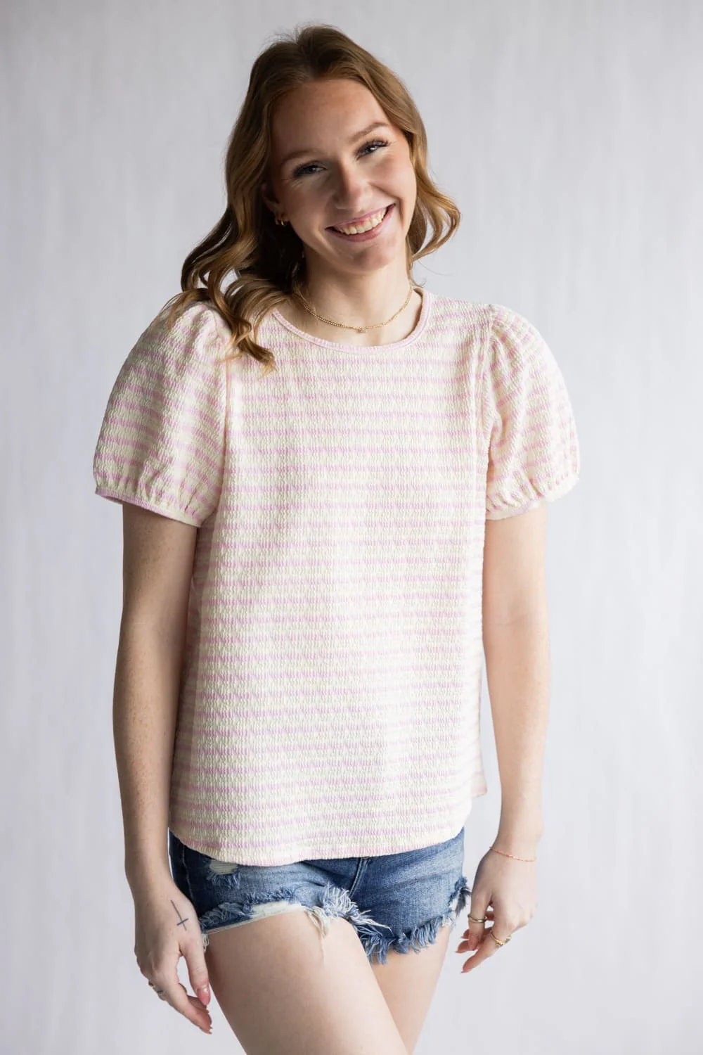Textured Stripe Puff Sleeve Top for Women in Pink/Cream | T10474-CRMBALPNK - Image 5