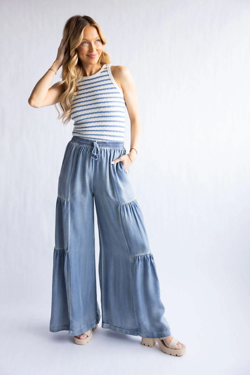 Textured Stripe Tank Top for Women in Cream and Navy | 14343-CRMNVY - Image 2