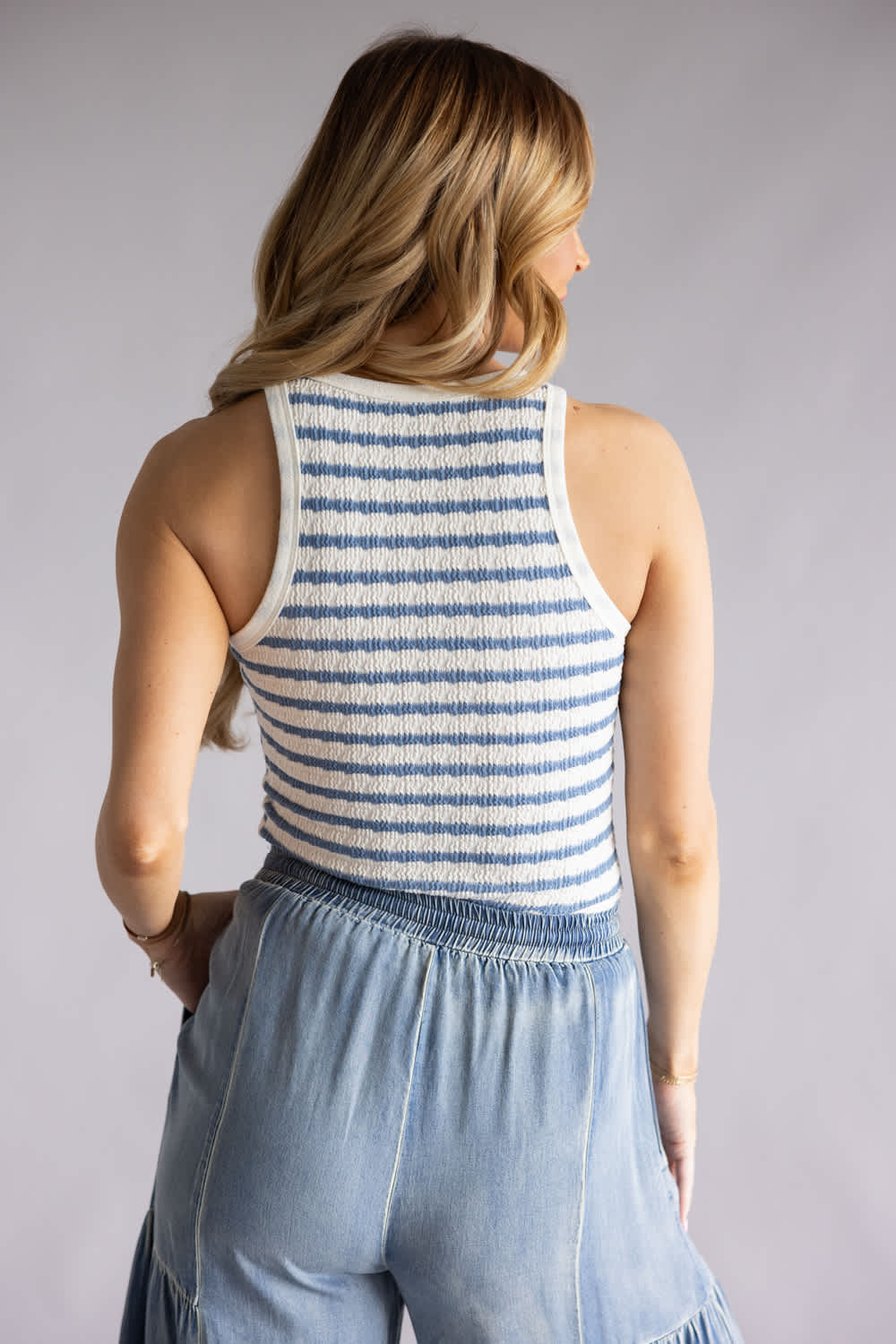 Textured Stripe Tank Top for Women in Cream and Navy | 14343-CRMNVY - Image 5