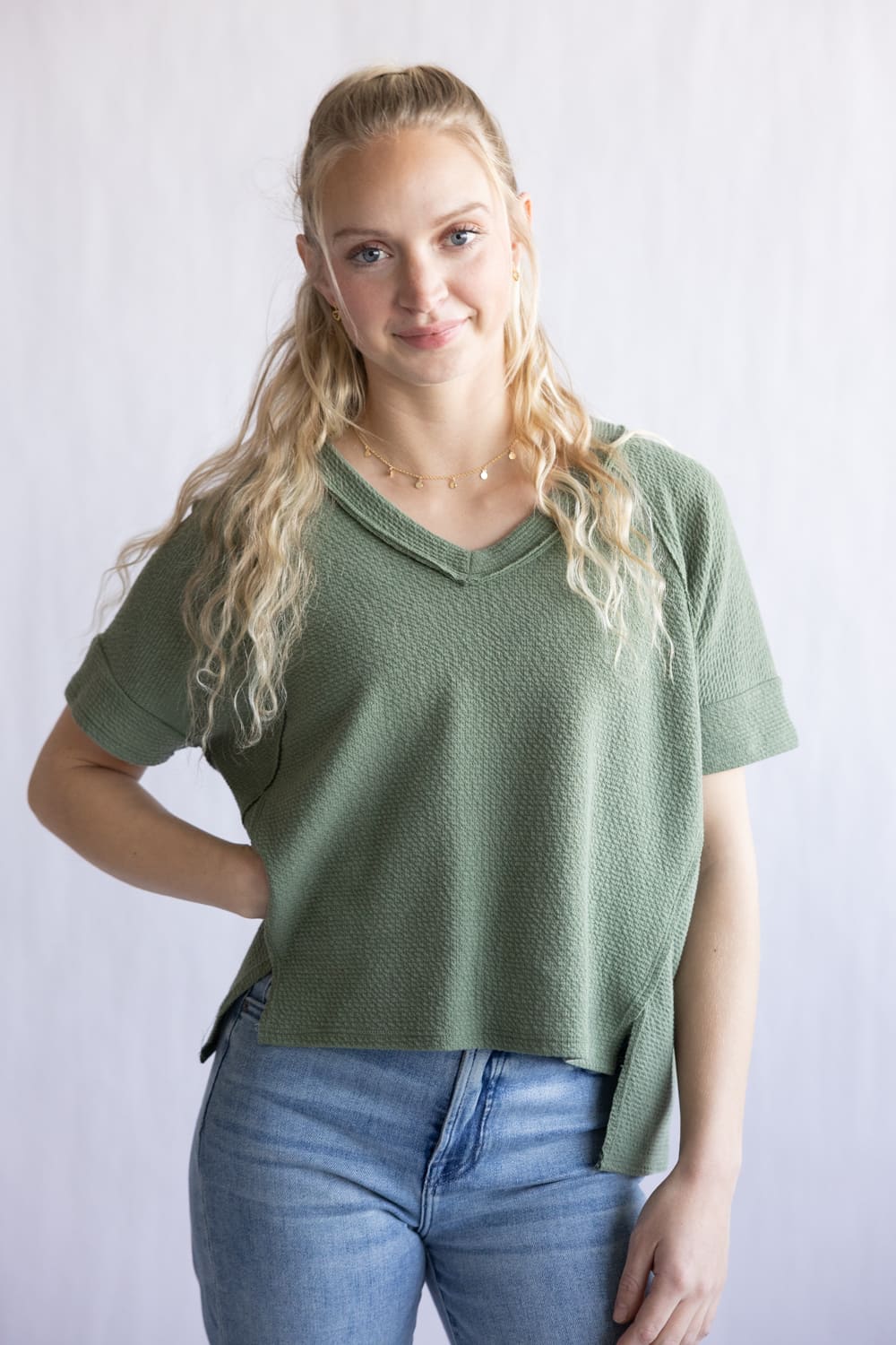Textured V-Neck Seam Detailed Top for Women in Olive | 14400-OLV - Image 3