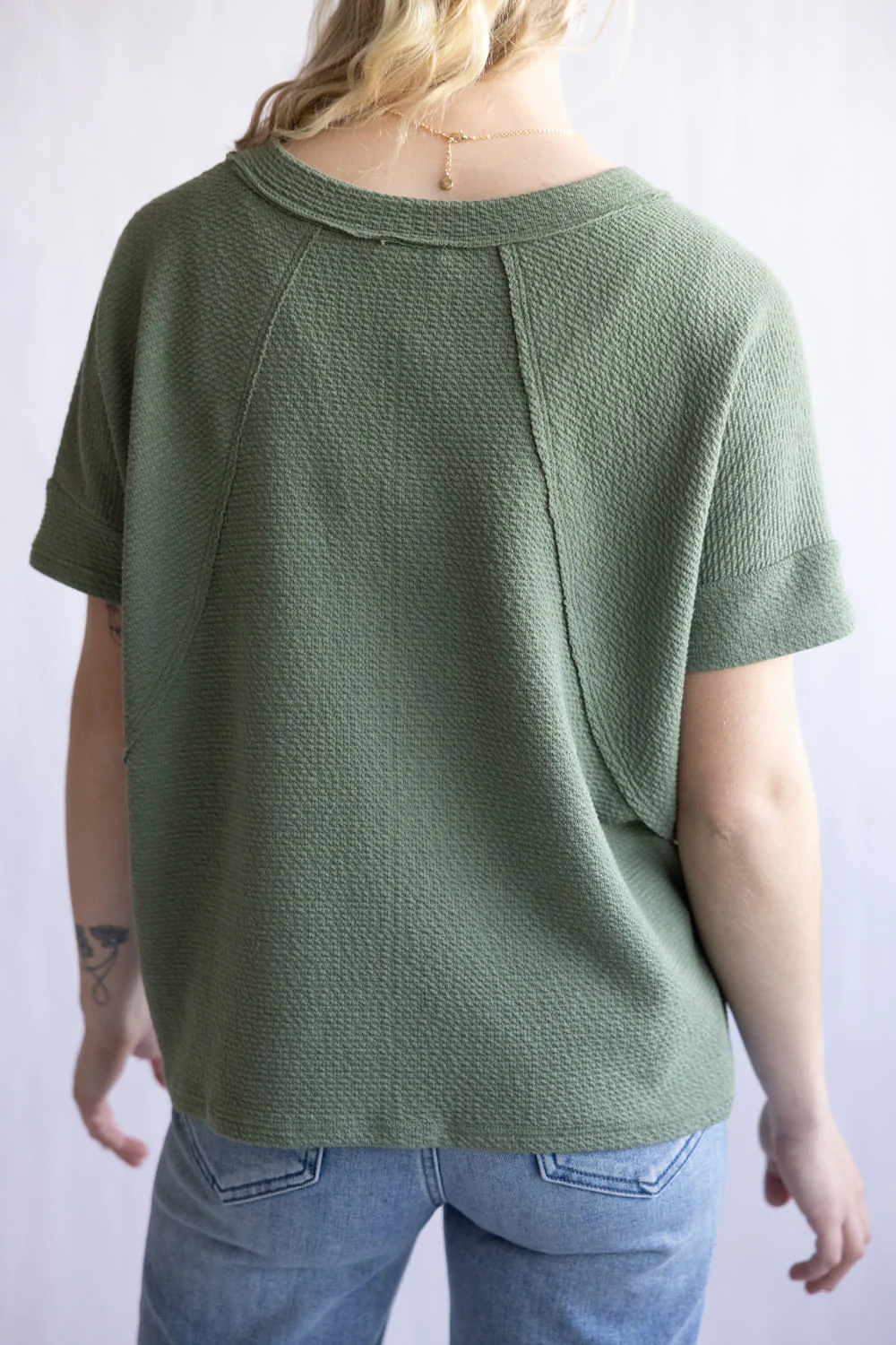 Textured V-Neck Seam Detailed Top for Women in Olive | 14400-OLV - Image 4