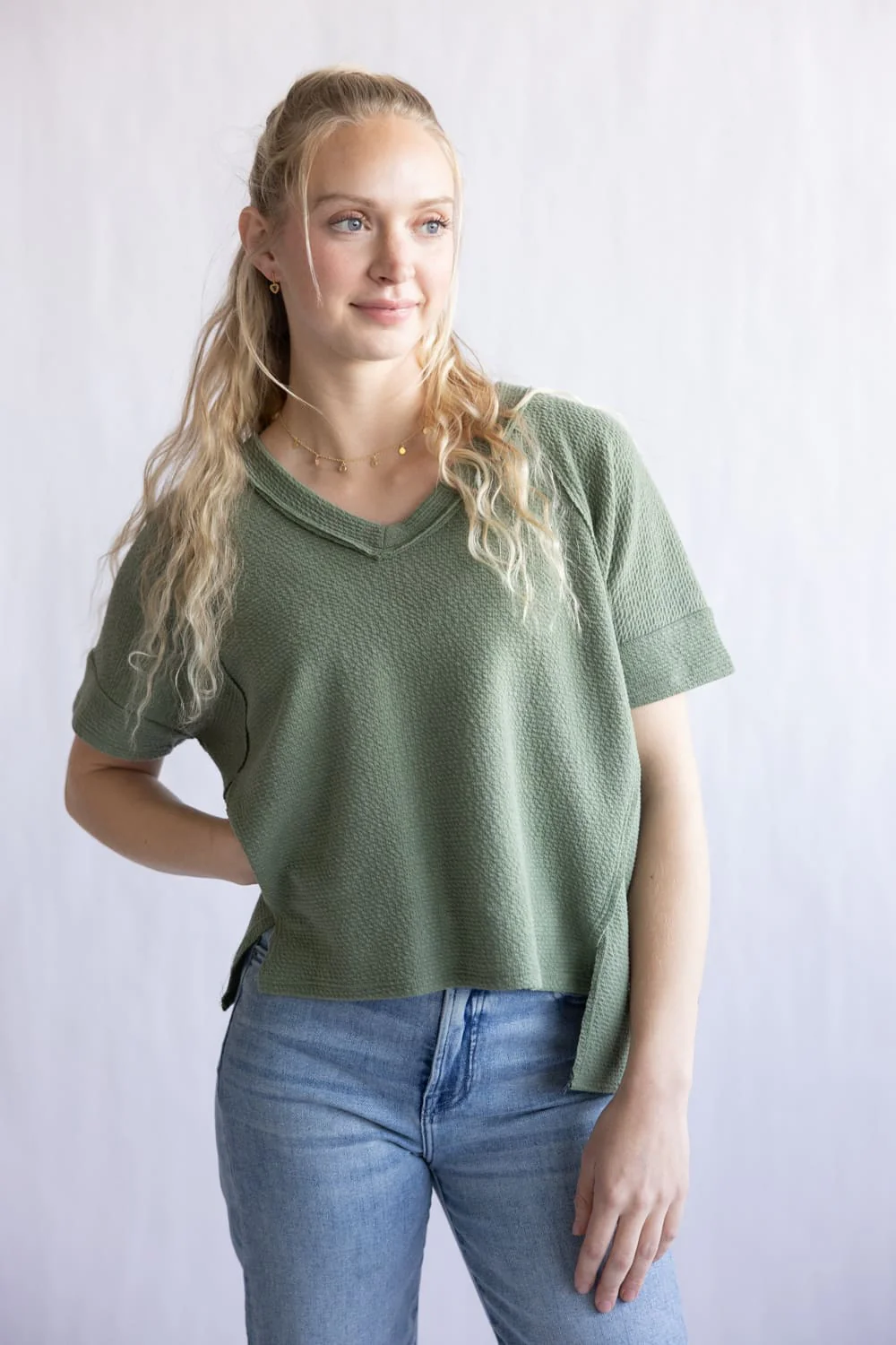 Textured V-Neck Seam Detailed Top for Women in Olive | 14400-OLV - Image 6